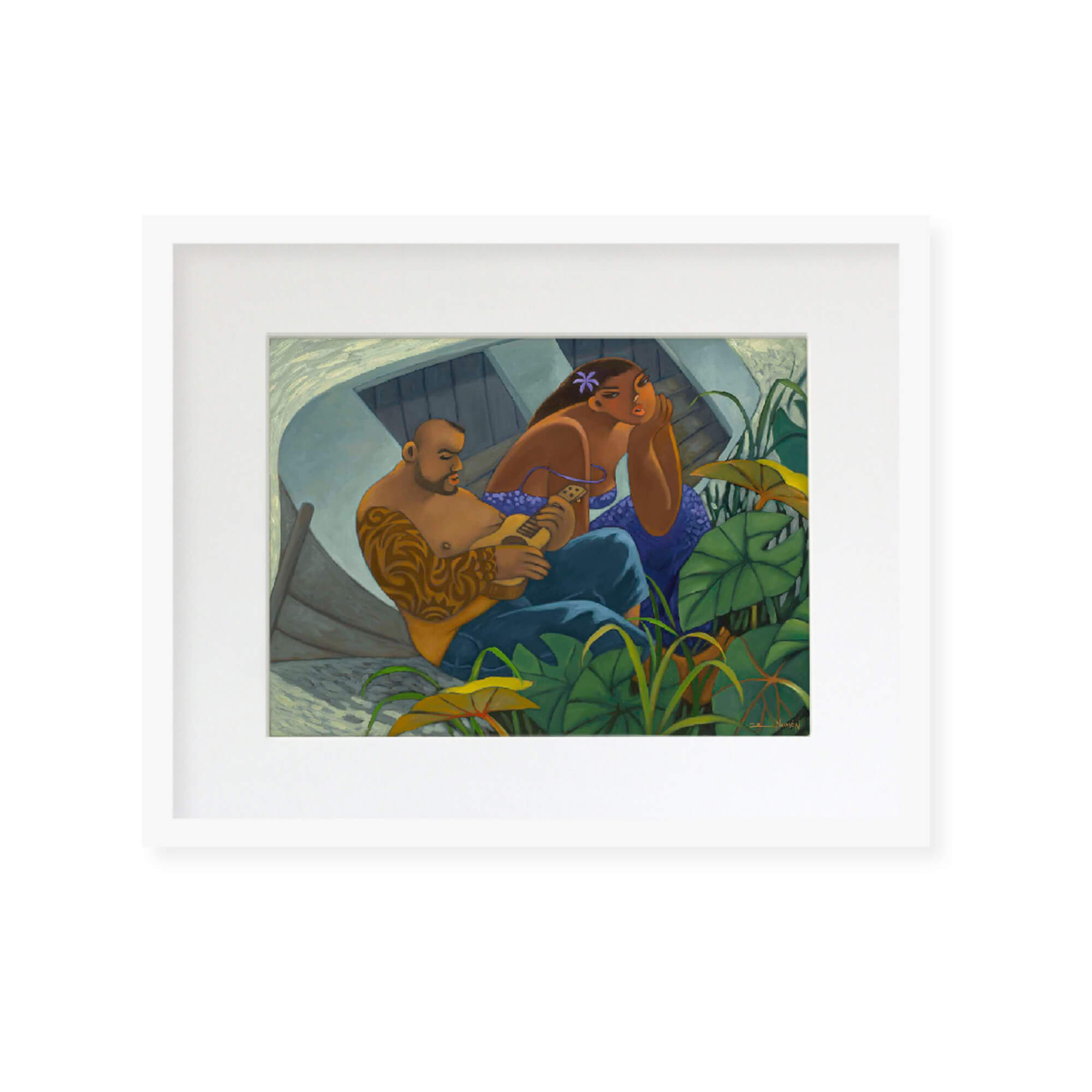 Framed matted art print of a man serenading a woman with a ukulele at the beach by Hawaii artist Tim Nguyen