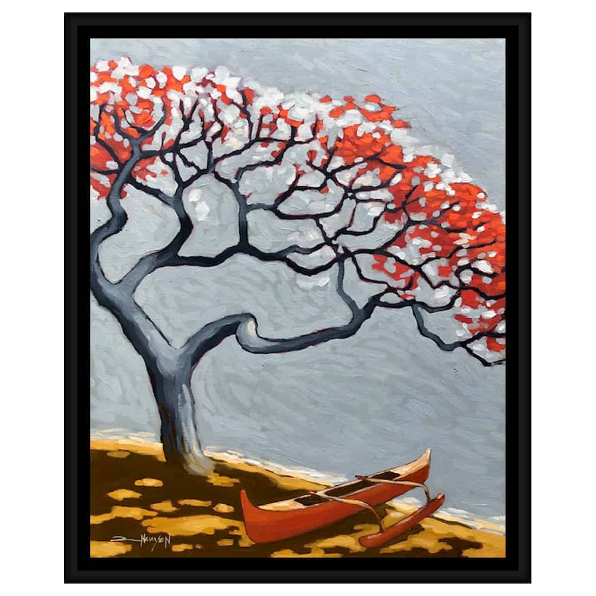 tim nguyen tree original oil painting hawaii artist black frame