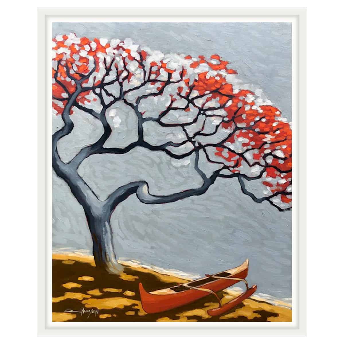tim nguyen tree original oil painting hawaii artist white frame