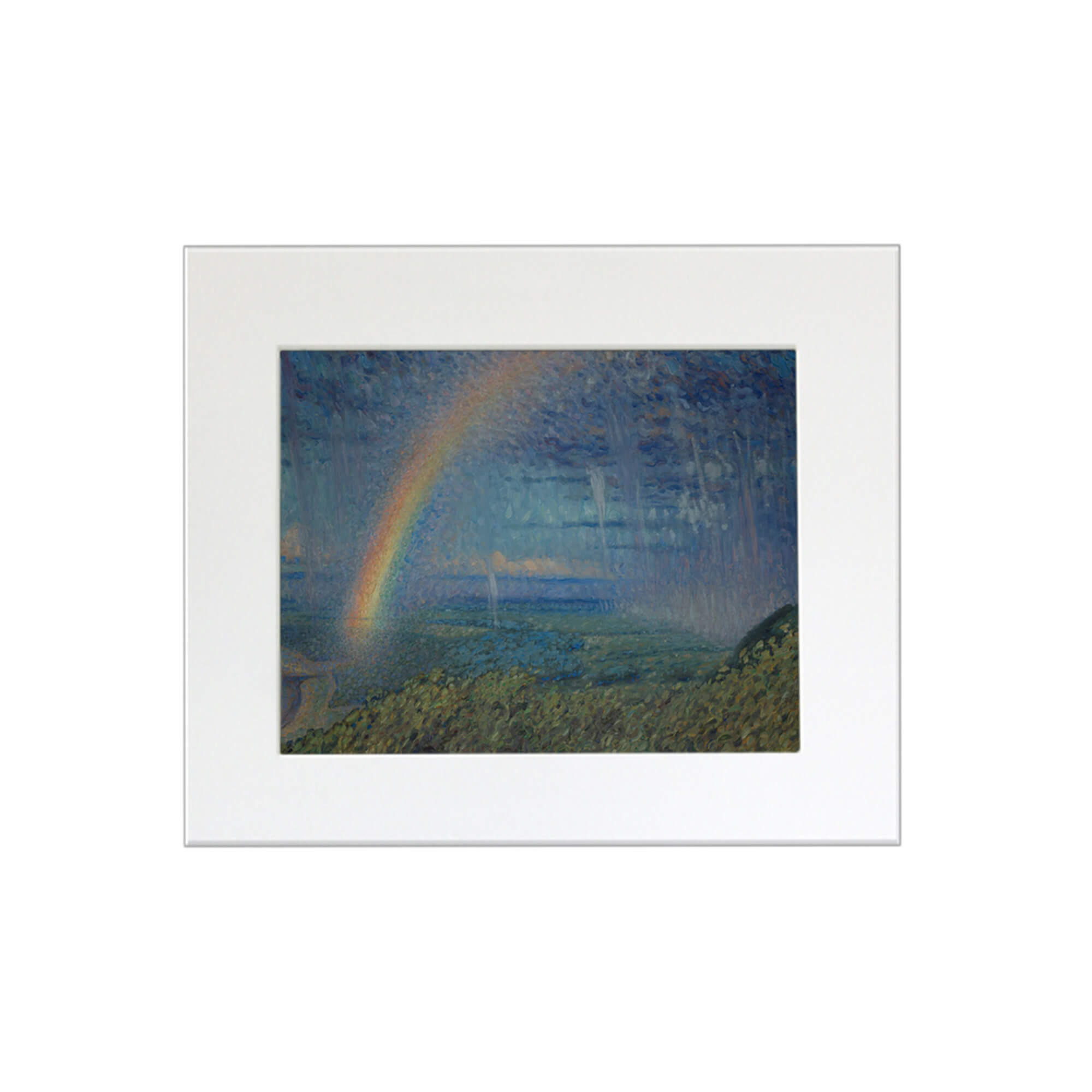A landscape framed by a rainbow and some tropical trees
