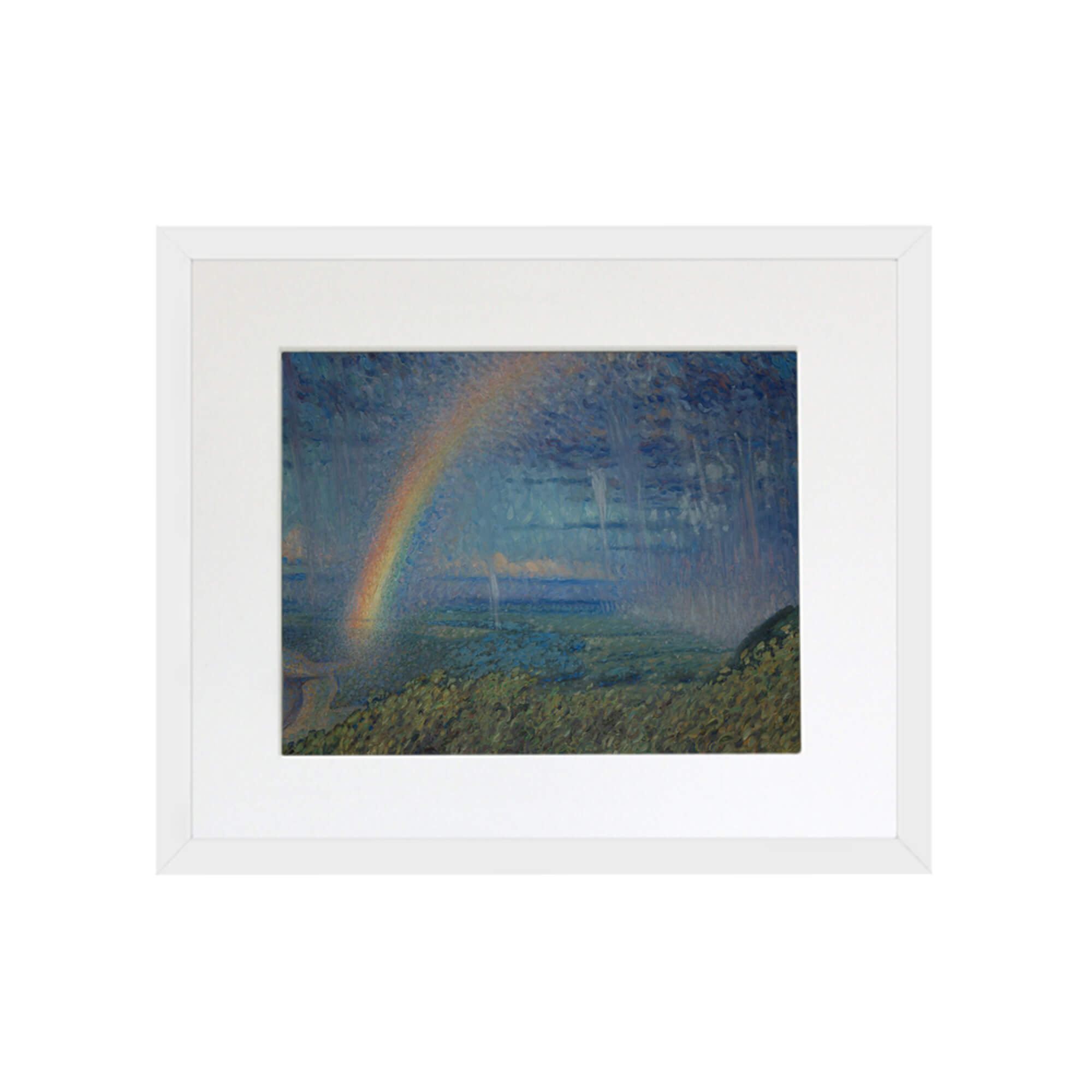 Blue-hued landscape with a rainbow