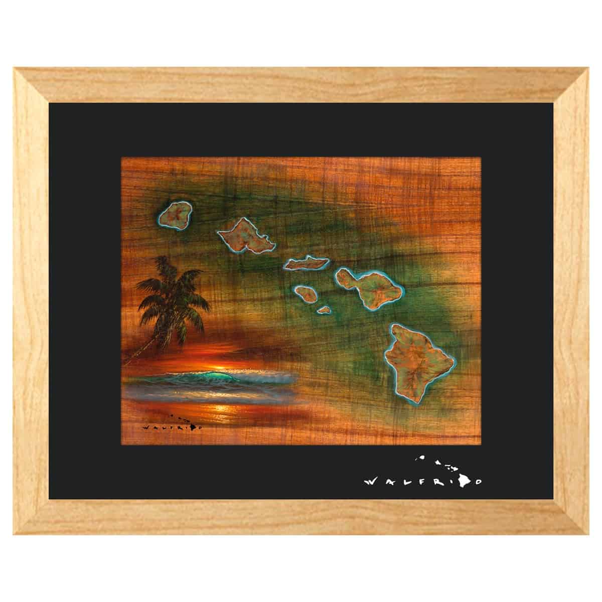 walfrido hawaiian islands koa map matted wood frame