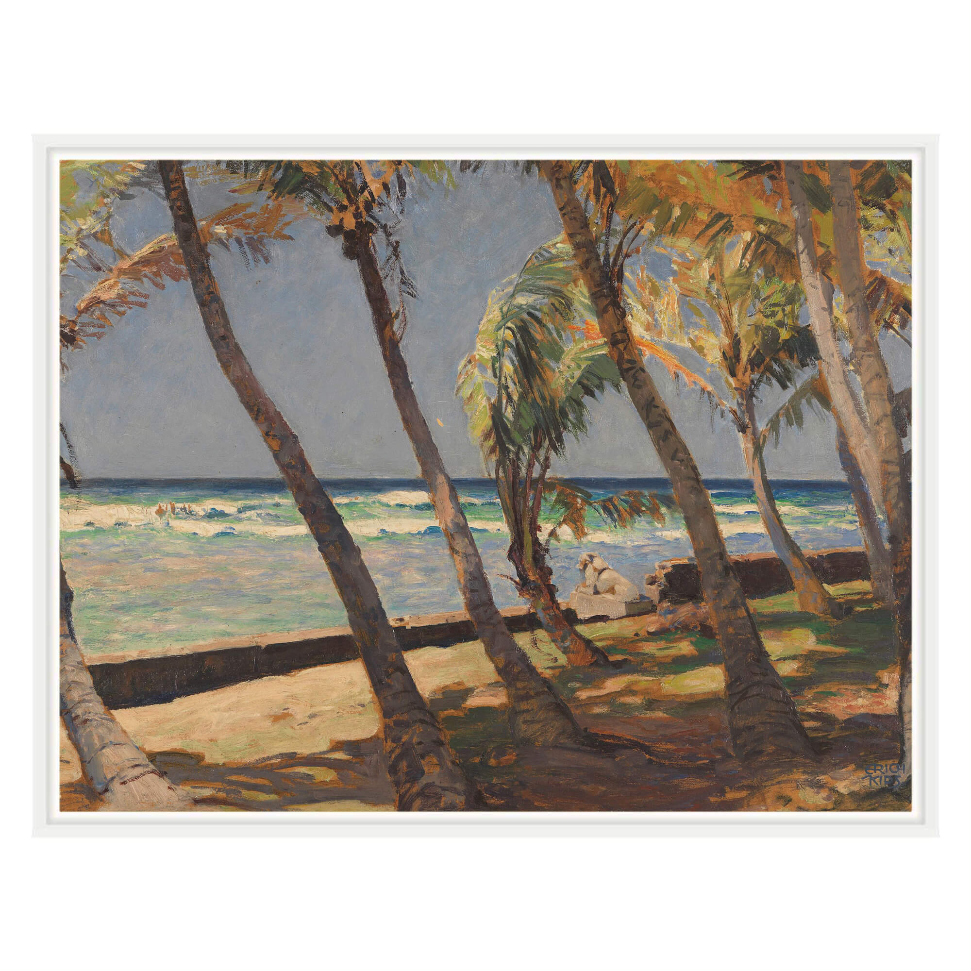 A vintage colored beach scenery with a white dog