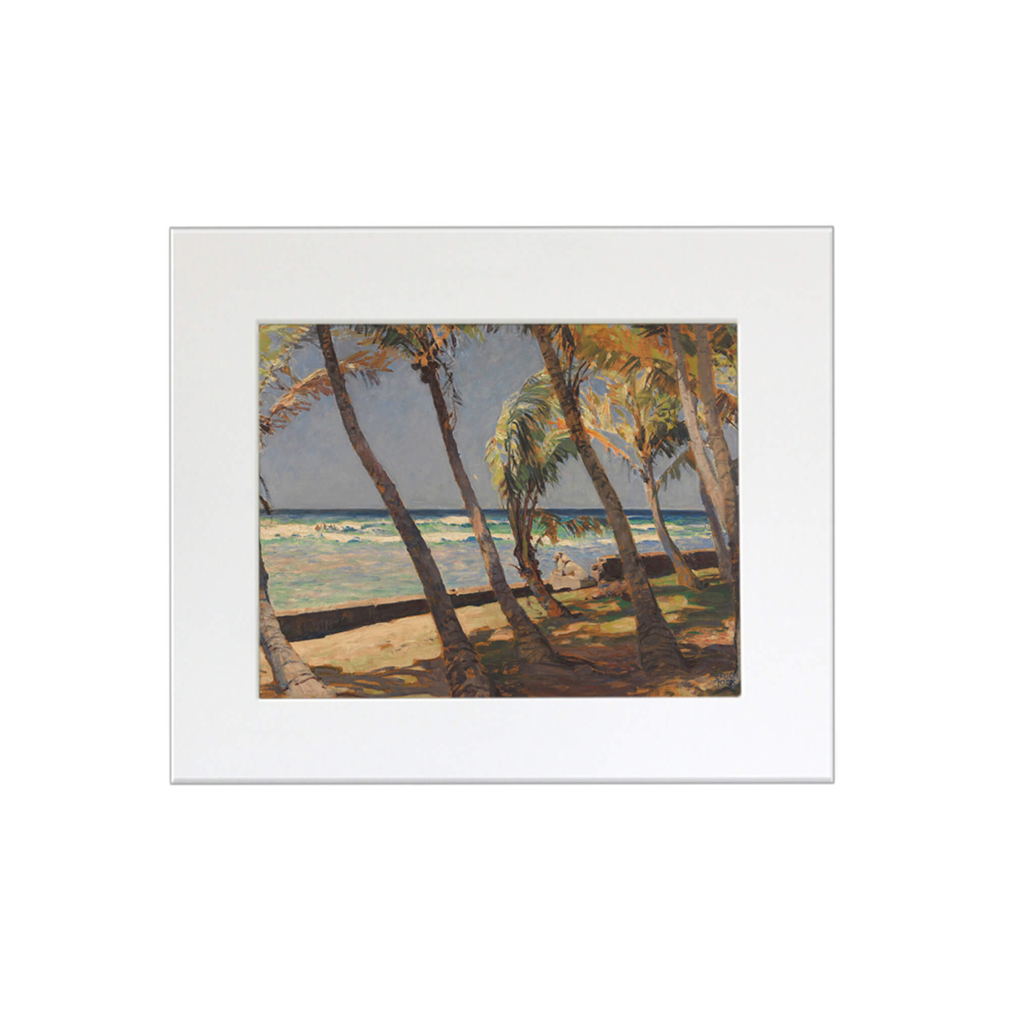 Coconut trees framing a teal-hued ocean view