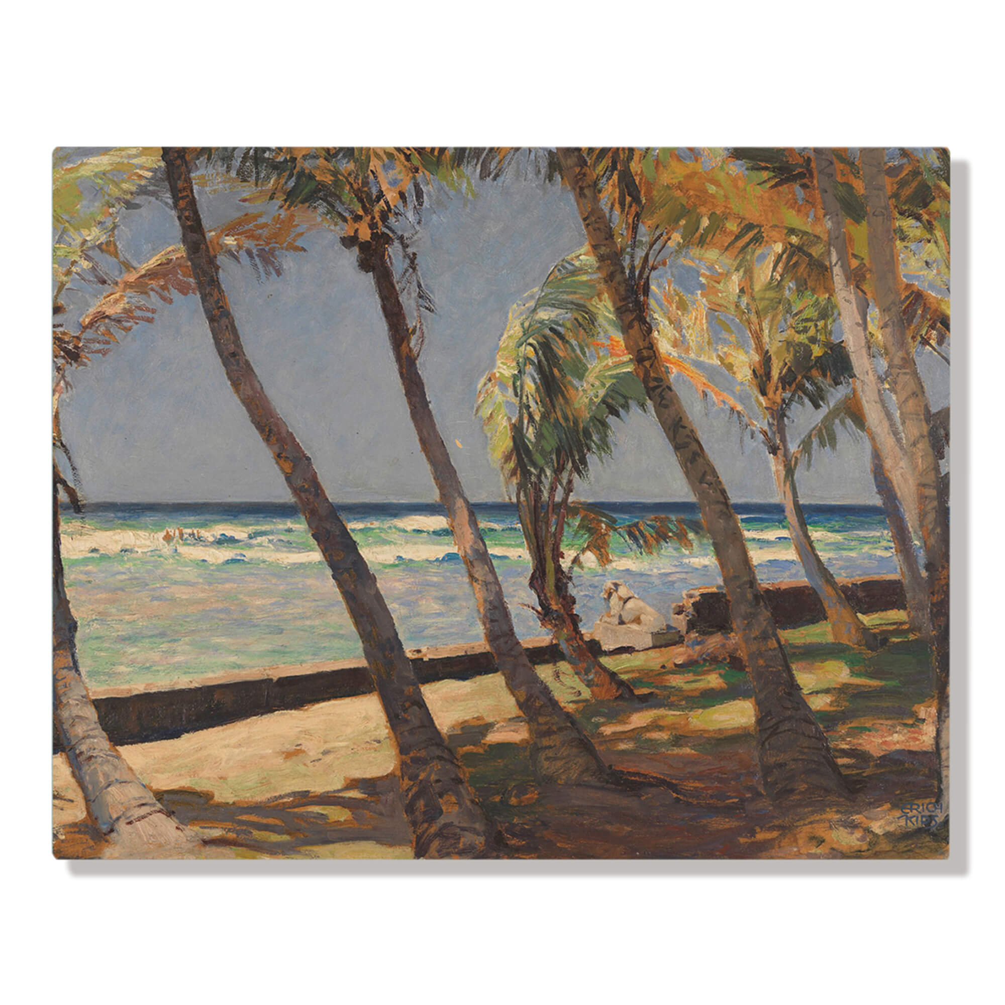 A vintage artwork featuring a beach with large crashing waves and come coconut trees