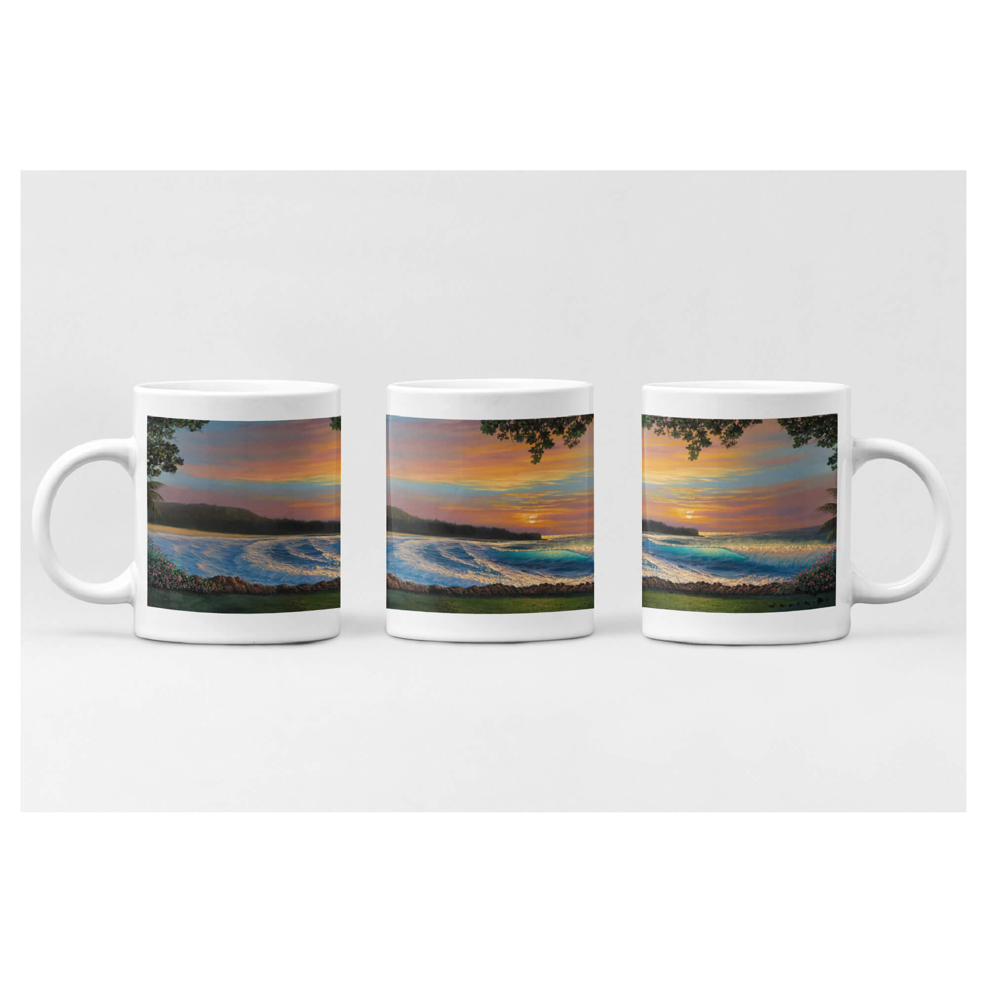 Ceramic mug featuring a beautiful view of the tropical scenery at Turtle Bay Resort on the island of Oahu by Hawaii artist Walfrido Garcia