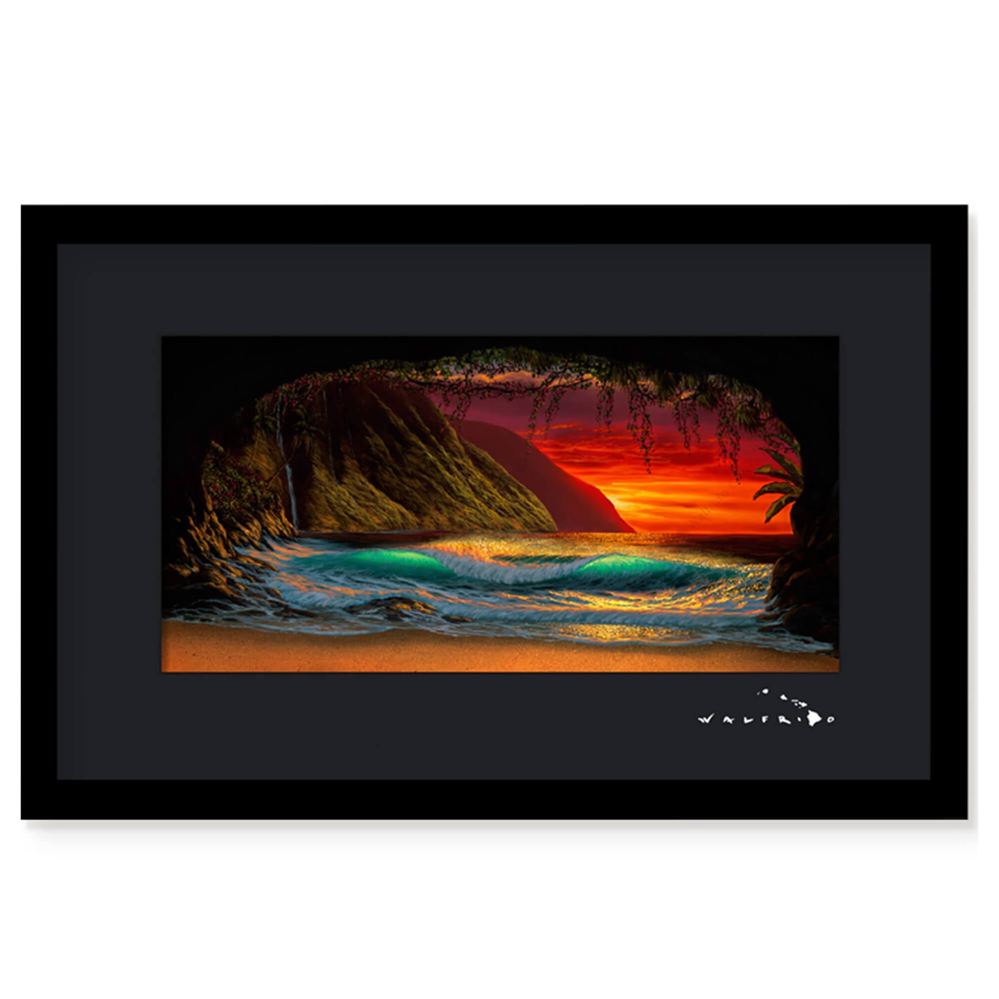 Framed matted art print of the ocean and tropical Hawaiian landscape at sunset as seen from a cave on the beach by Hawaii artist Walfrido Garcia
