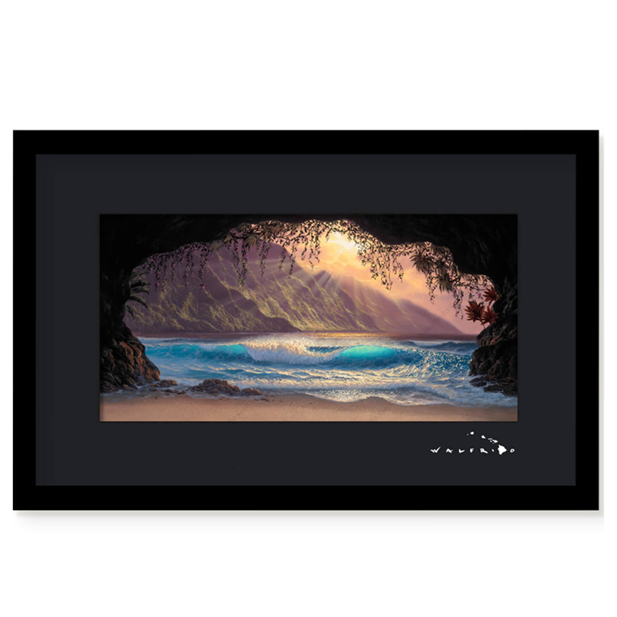 Framed matted art print of a wave as seen from a cove on a sandy Hawaiian beach by Hawaii artist Walfrido Garcia