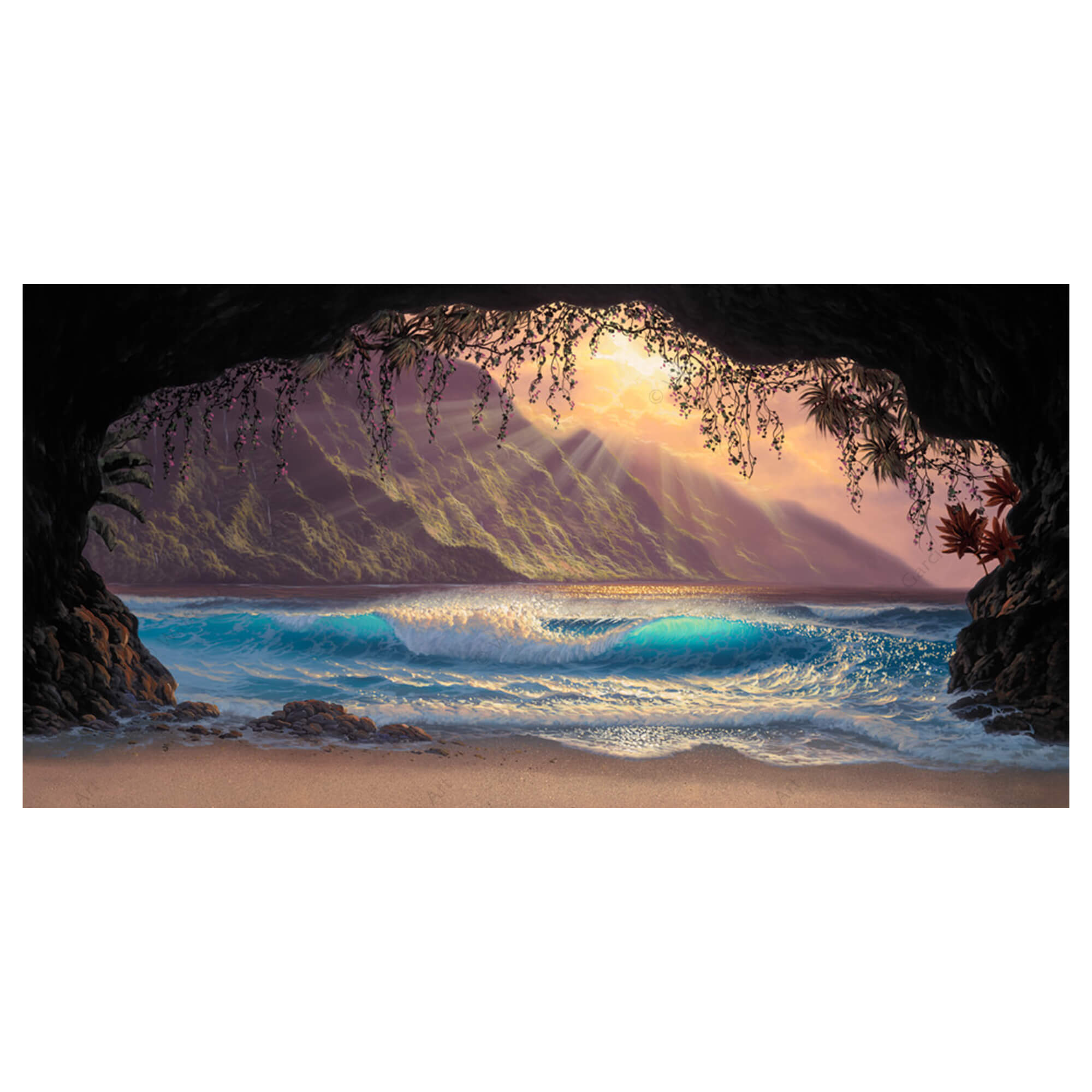A matted art print of a wave as seen from a cove on a sandy Hawaiian beach by Hawaii artist Walfrido Garcia