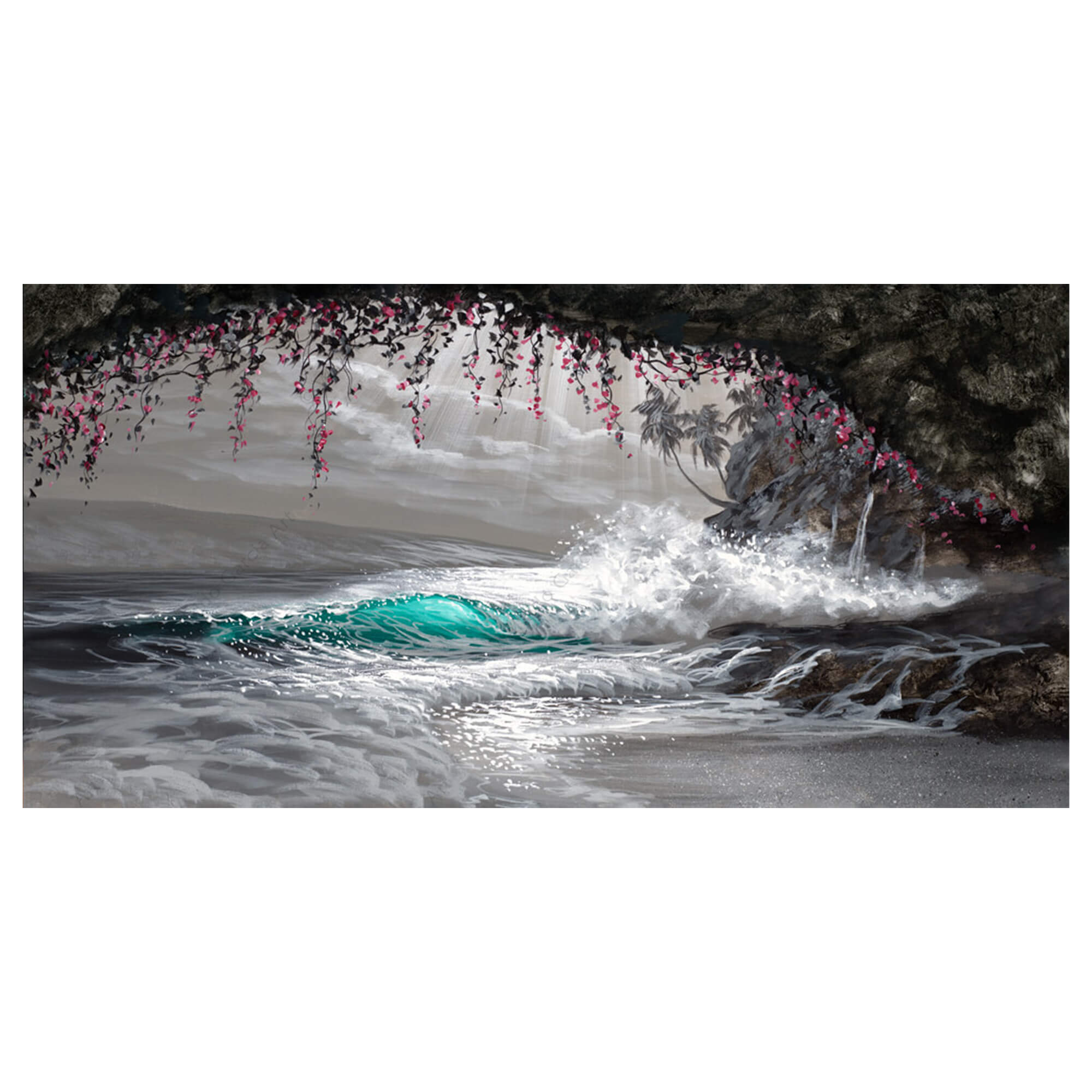 A matted art print of a black and white, with a touch of pink and teal, wave as seen from a cove by Hawaii artist Walfrido Garcia