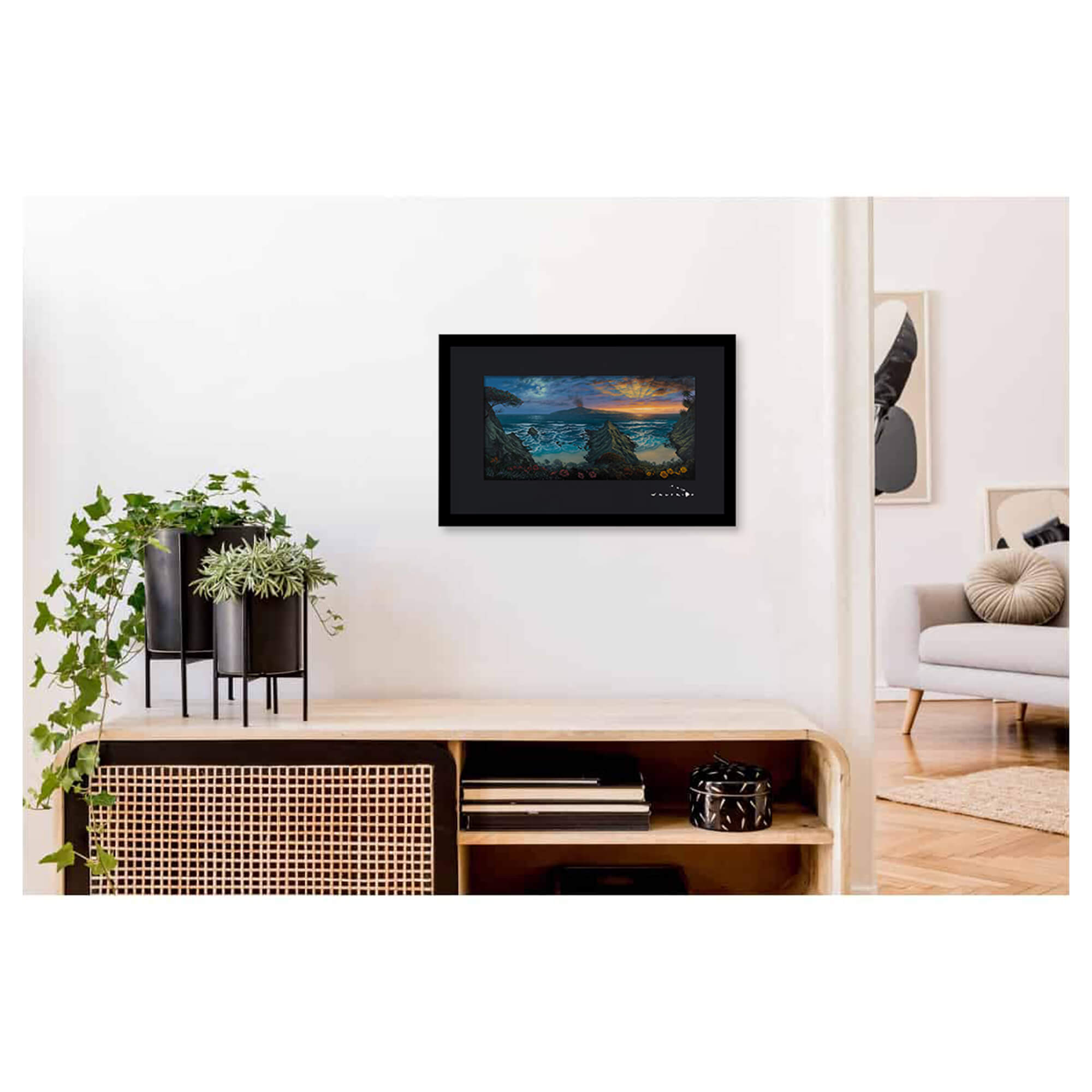 Framed matted art print of a tropical seascape with a volcano erupting on a distant island by Hawaii artist Walfrido Garcia