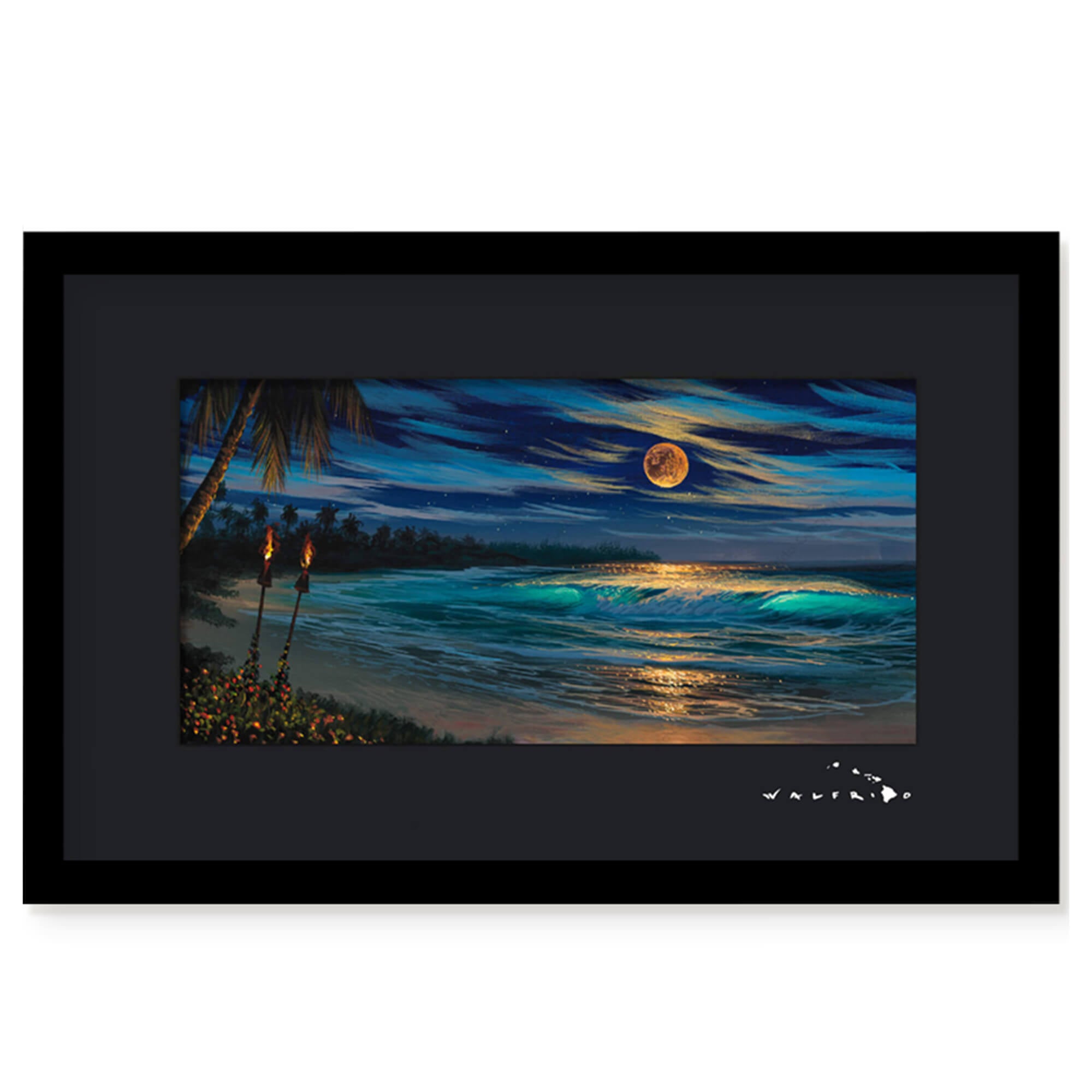 Framed matted art print of a romantic night view of the ocean with a full moon, star-filled sky, and tiki torches by Hawaii artist Walfrido Garcia