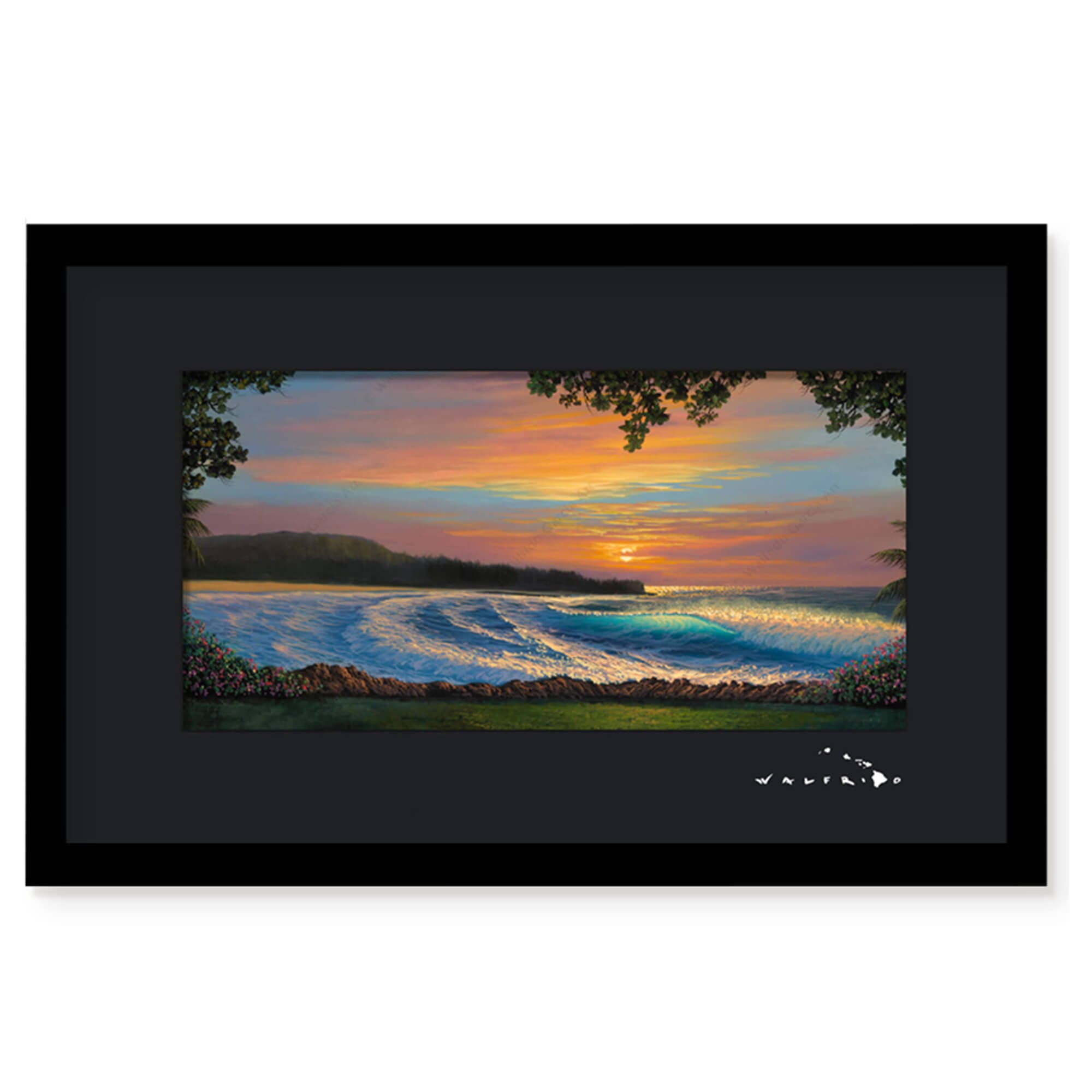 Framed matted art print of a beautiful view of the tropical scenery at Turtle Bay Resort on the island of Oahu by Hawaii artist Walfrido Garcia