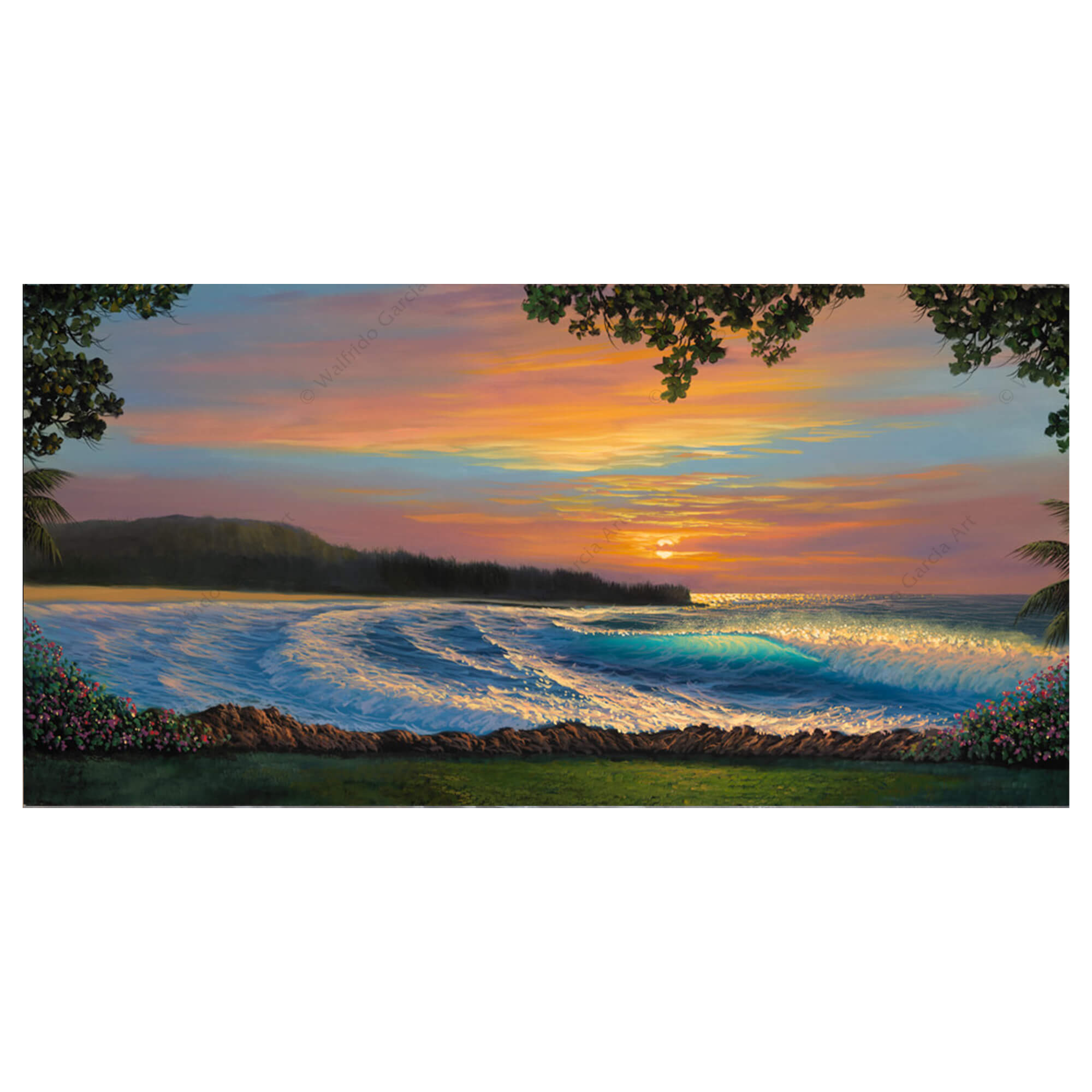 A matted art print of a beautiful view of the tropical scenery at Turtle Bay Resort on the island of Oahu by Hawaii artist Walfrido Garcia