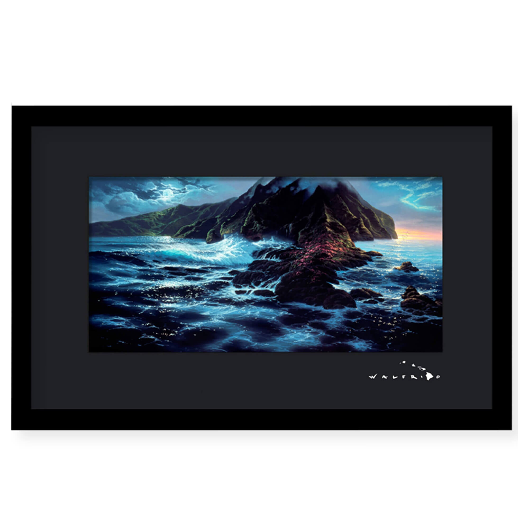 Framed matted art print of a churning ocean with a tropical island rising up in the distance by Hawaii artist Walfrido Garcia