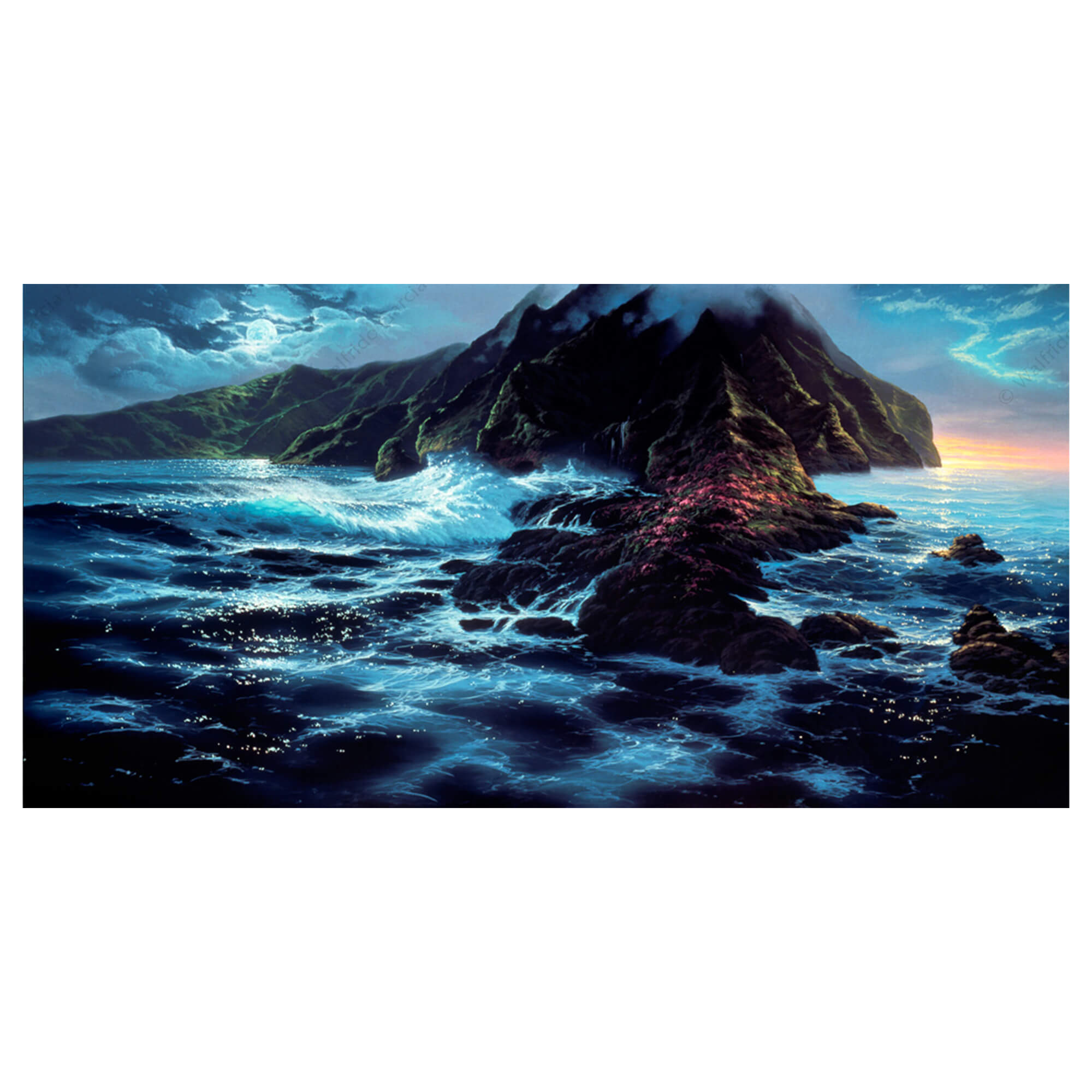 A matted art print of a churning ocean with a tropical island rising up in the distance by Hawaii artist Walfrido Garcia