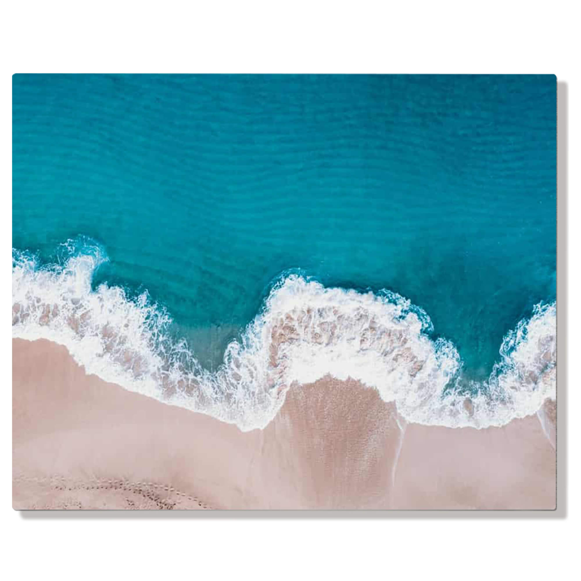 A metal art print of a peaceful seascape drone photo by Hawaii artist Bree Poort