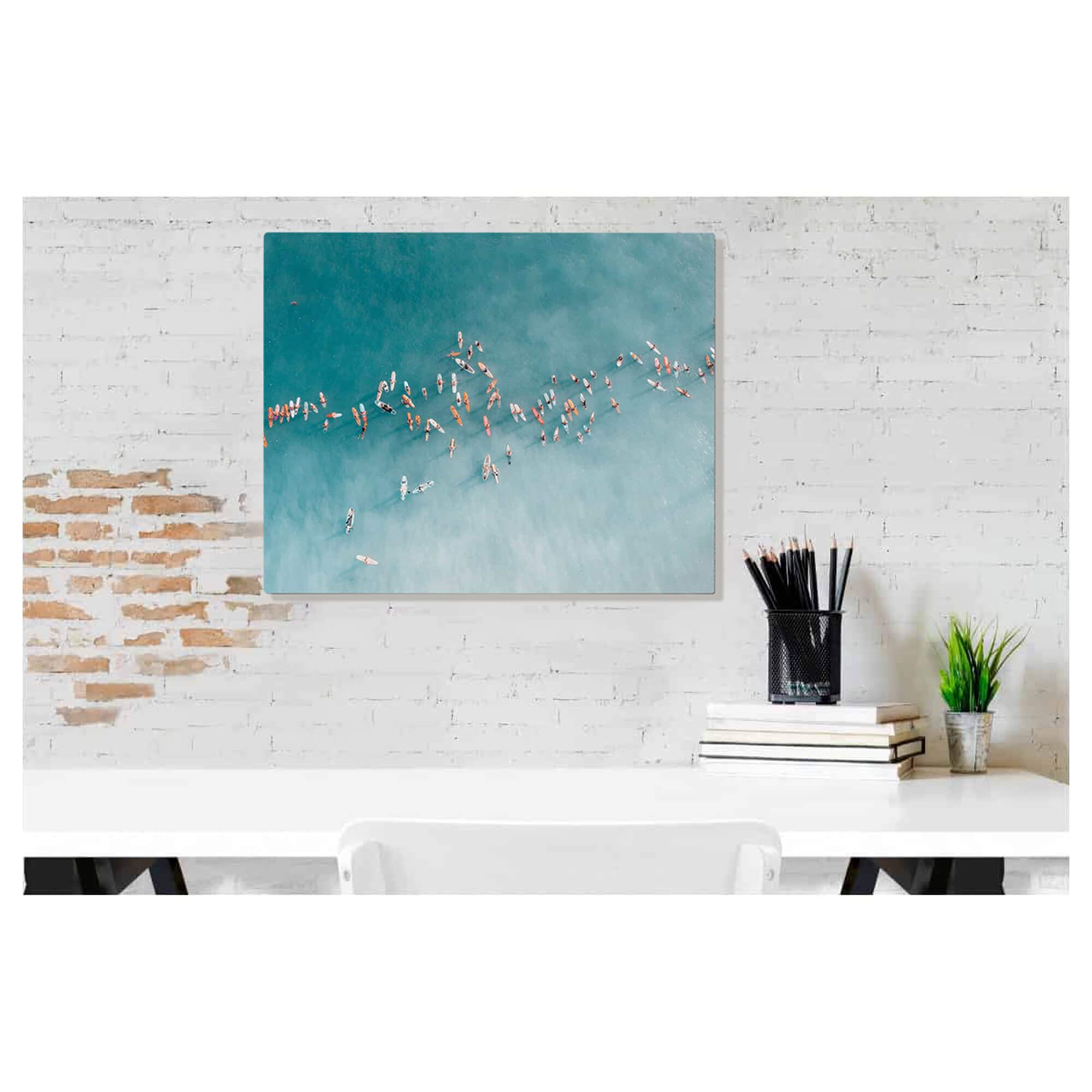 Metal art print of a large group of surfers paddling out to catch waves by Hawaii artist Bree Poort