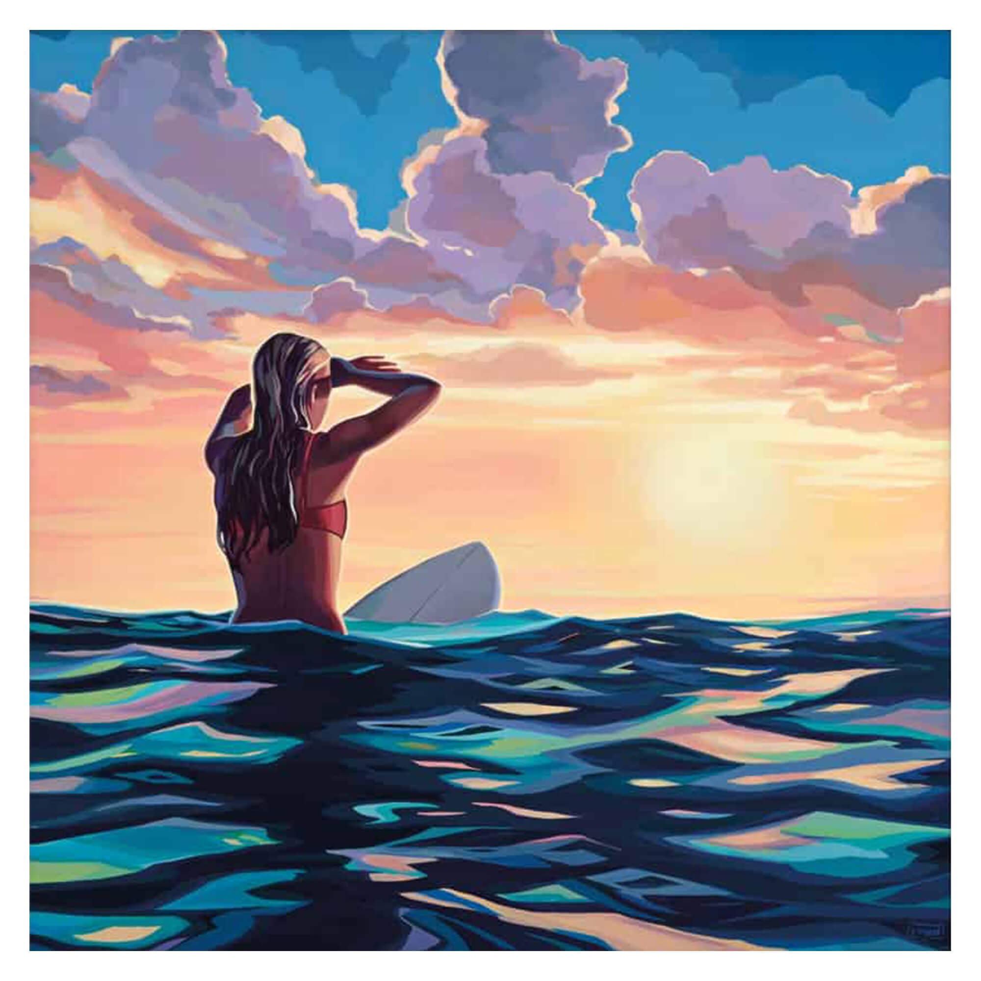 A matted art print  of a woman sitting on her surfboard surrounded by the blues of the ocean looking out onto the sunset by Hawaii artist Christie Shinn