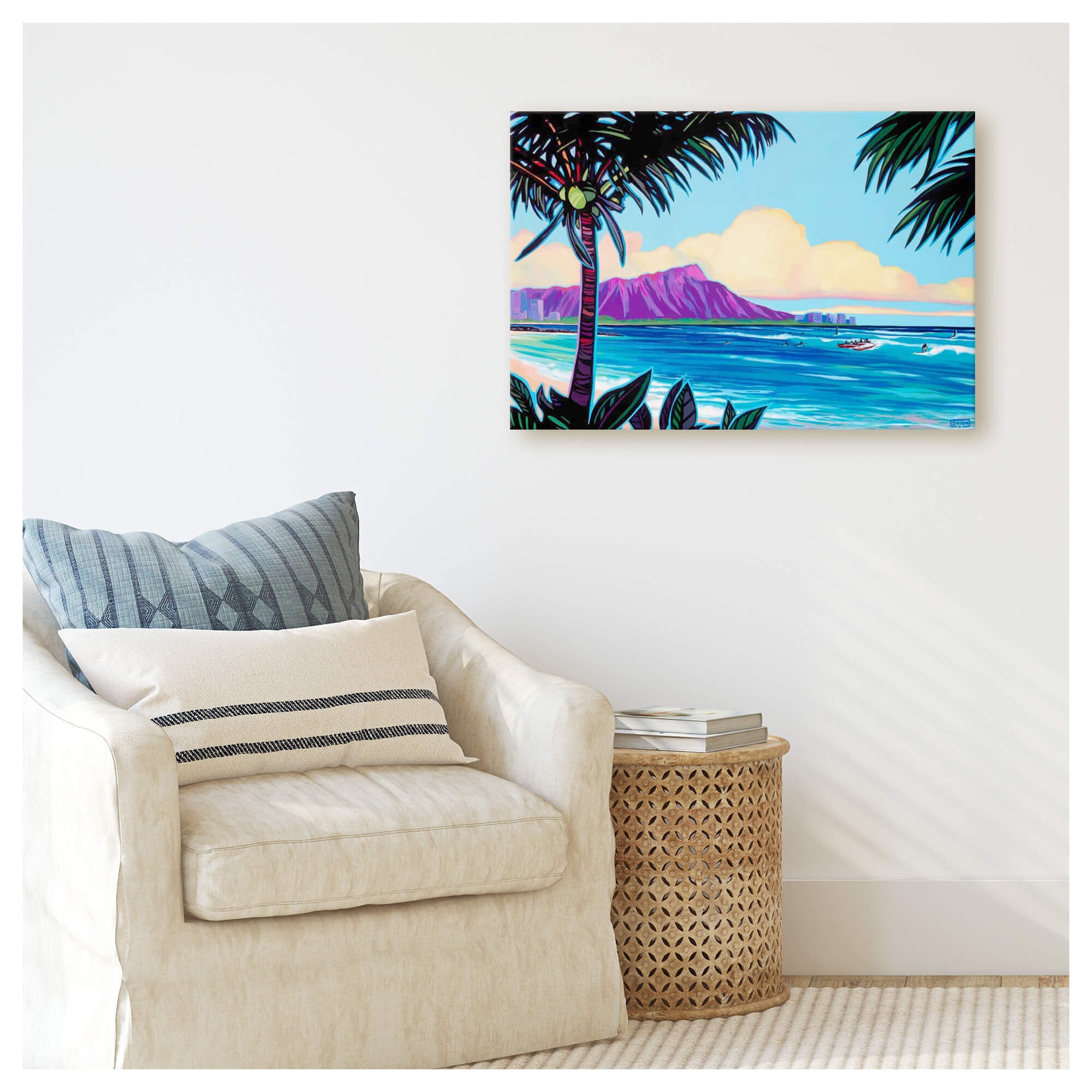A canvas giclée print of Diamond Head Crater as surfers and outrigger paddlers enjoy the waves at its forefront by Hawaii artist Christie Shinn