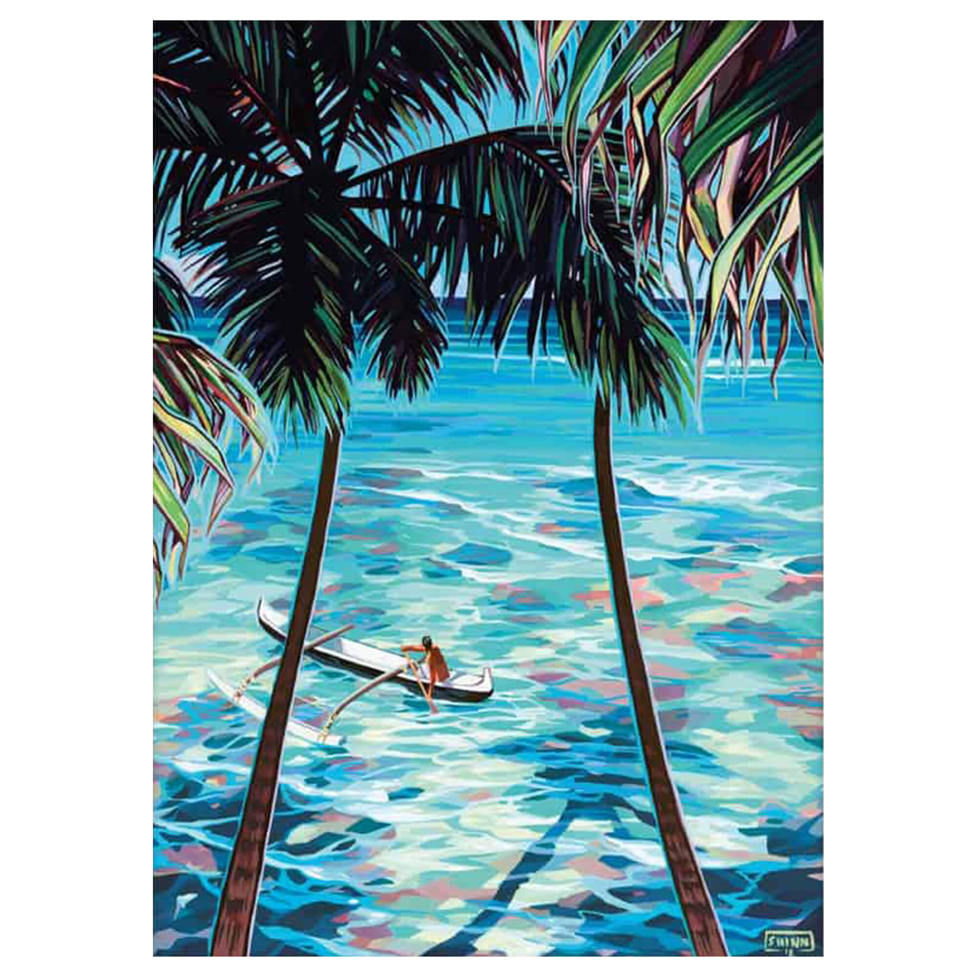 Matted art print of a paddler in an outrigger canoe amongst the blues of the ocean and a palm tree oasis by Hawaii artist Christie Shinn