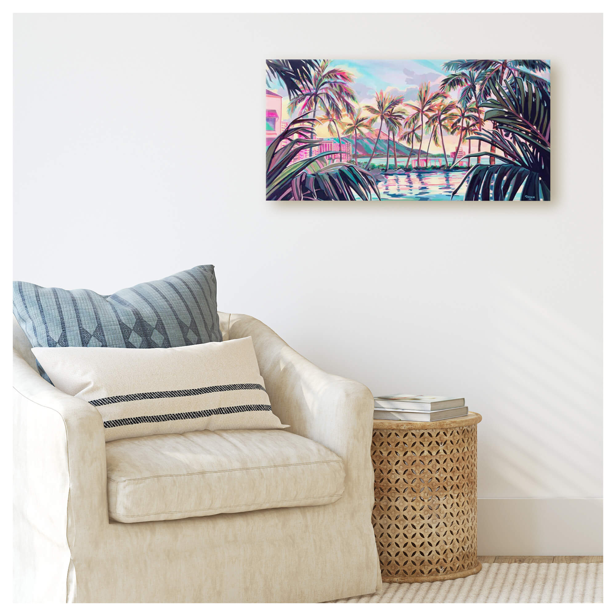 A canvas giclée art print of the poolside view as the sun sets on the Sheraton Hotel in Waikiki by Hawaii artist Christie Shinn