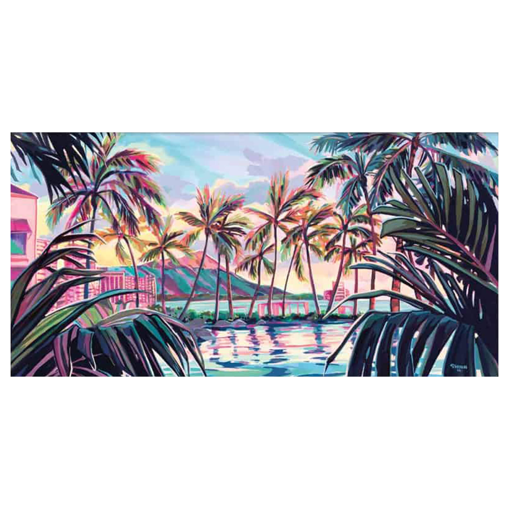 A matted art print of the poolside view as the sun sets at the Sheraton Hotel in Waikiki by Hawaii artist Christie Shinn
