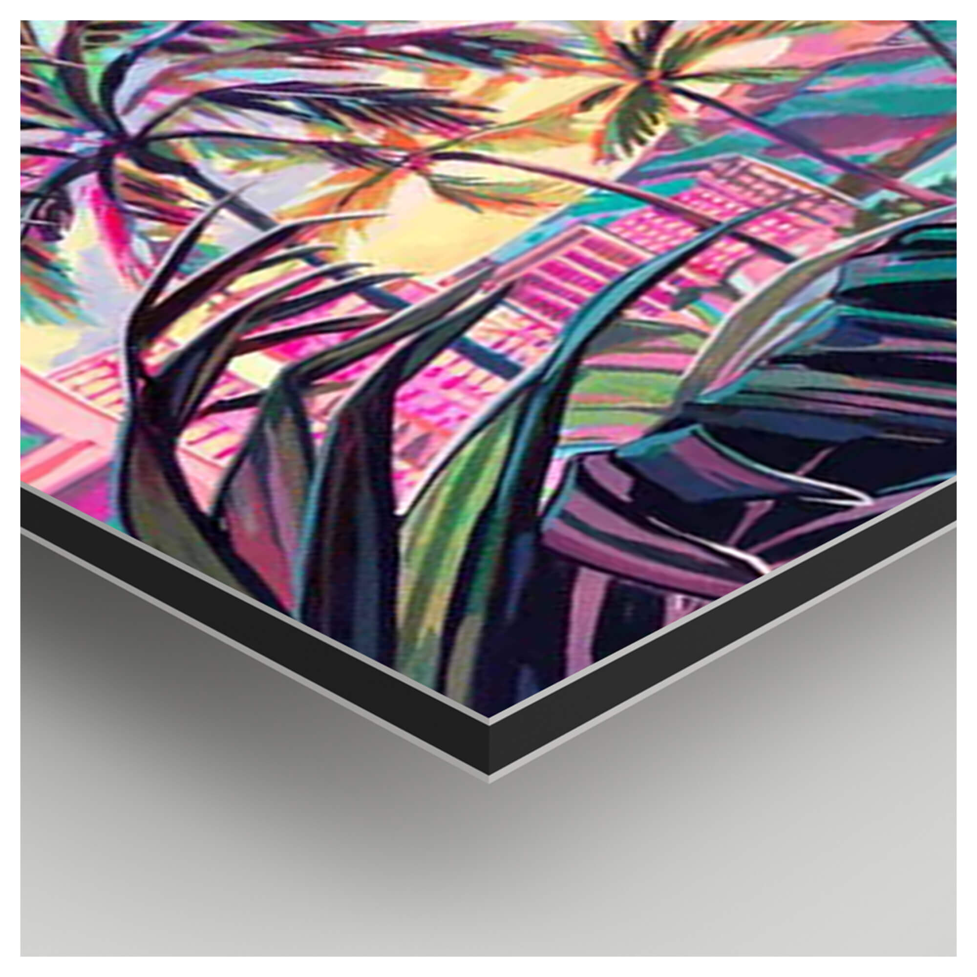 Metal print edge detail of artwork Sheraton Sunset by Hawaii artist Christie Shinn