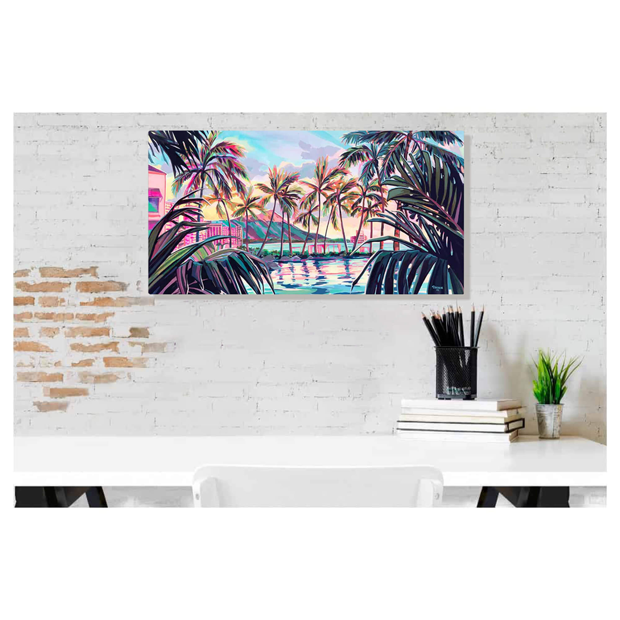 Metal art print of the poolside view as the sun sets on the Sheraton Hotel in Waikiki by Hawaii artist Christie Shinn
