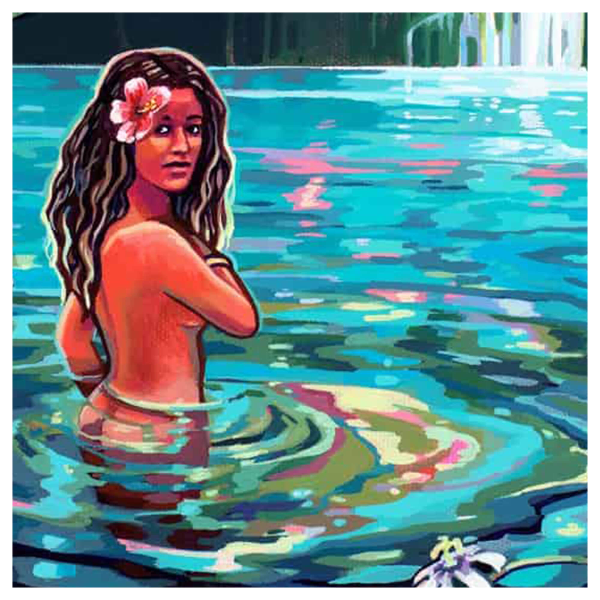 Close up details o artwork Wailua Waterfall by Hawaii artist Christie Shinn