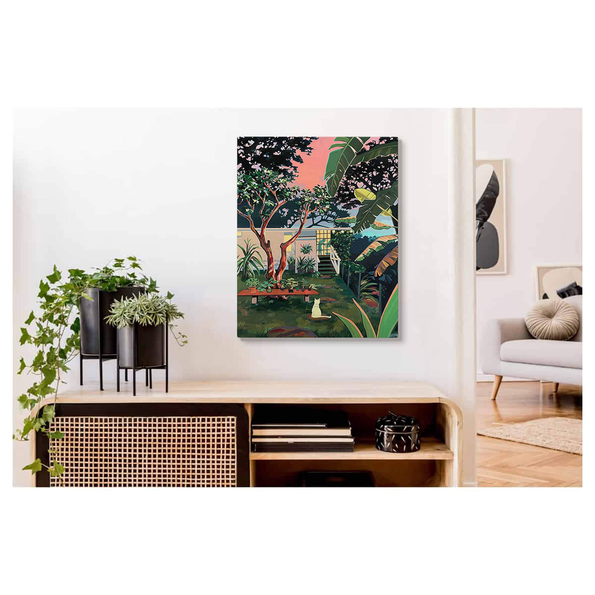 A metal art print of a cat at a Japanese-style backyard with tropical plants by Hawaii artist Christie Shinn