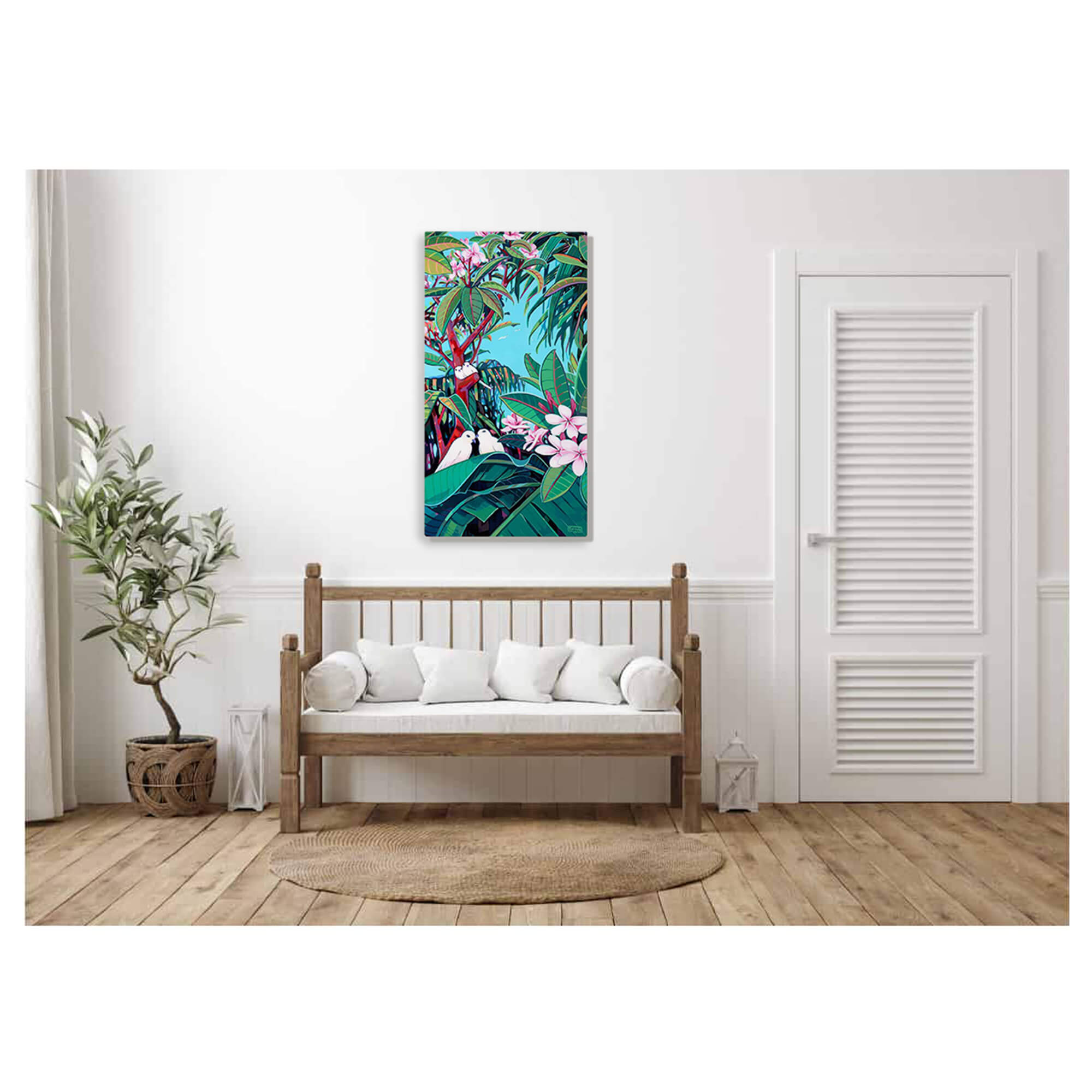 Metal print of white birds perched in pairs amongst tropical foliage by Hawaii artist Christie Shinn