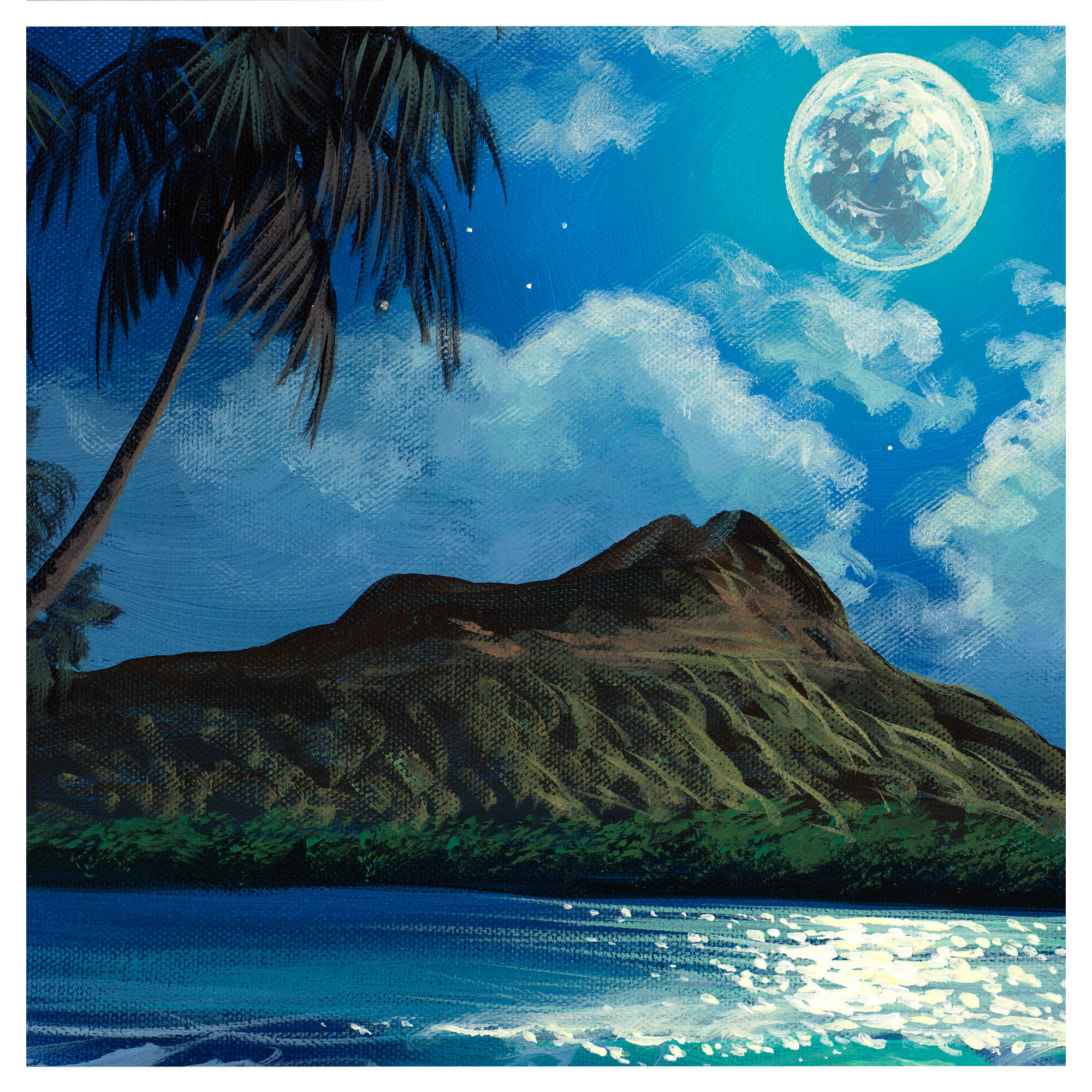 Diamond Head and full moon by Hawaii artist Walfrido Garcia