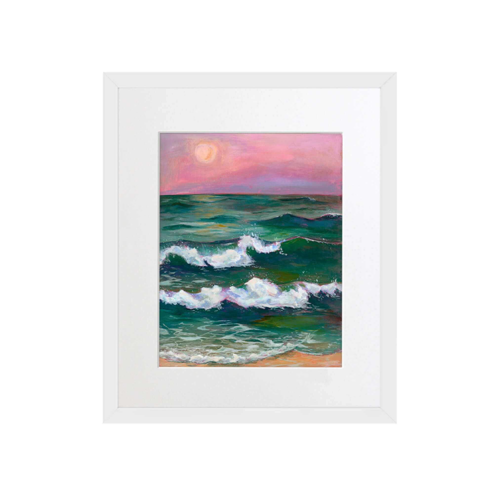 A sunset with green colored crashing waves by Hawaii artist Lindsay Wilkins
