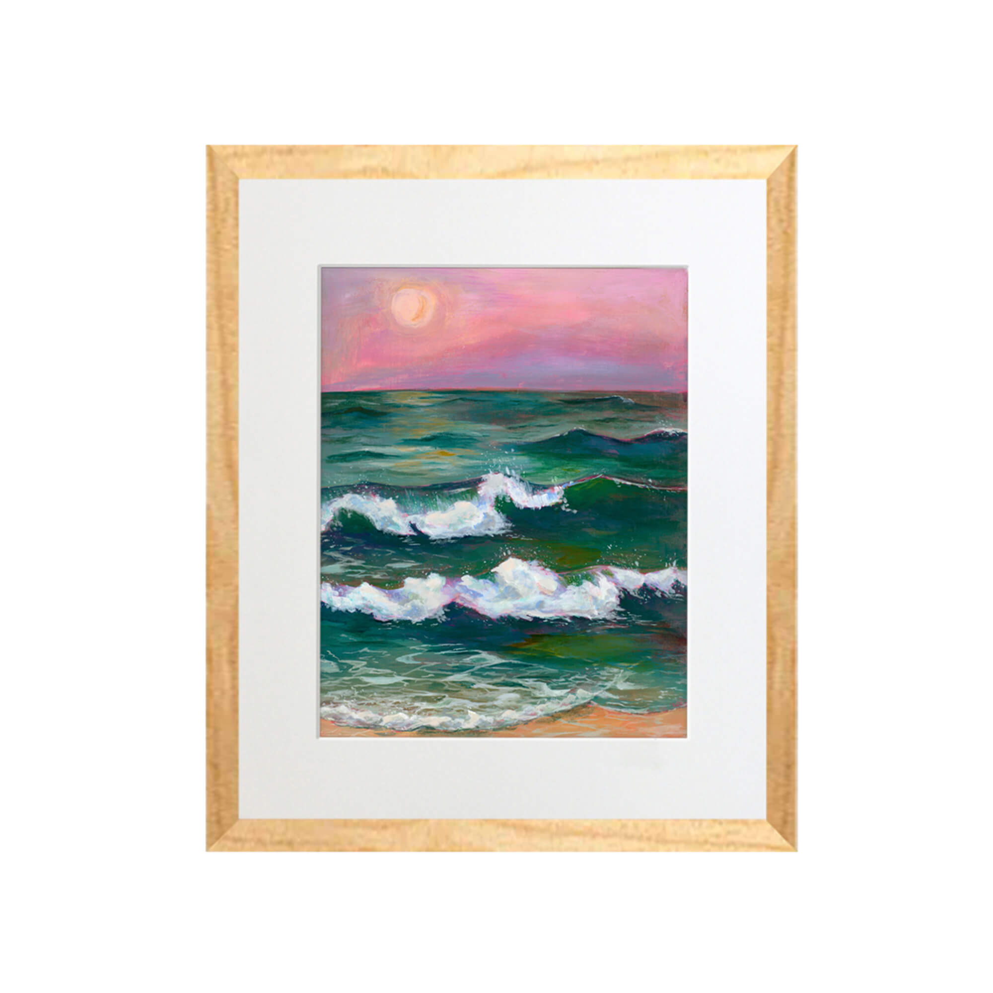 A pink sky and emerald colored ocean water by Hawaii artist Lindsay Wilkins