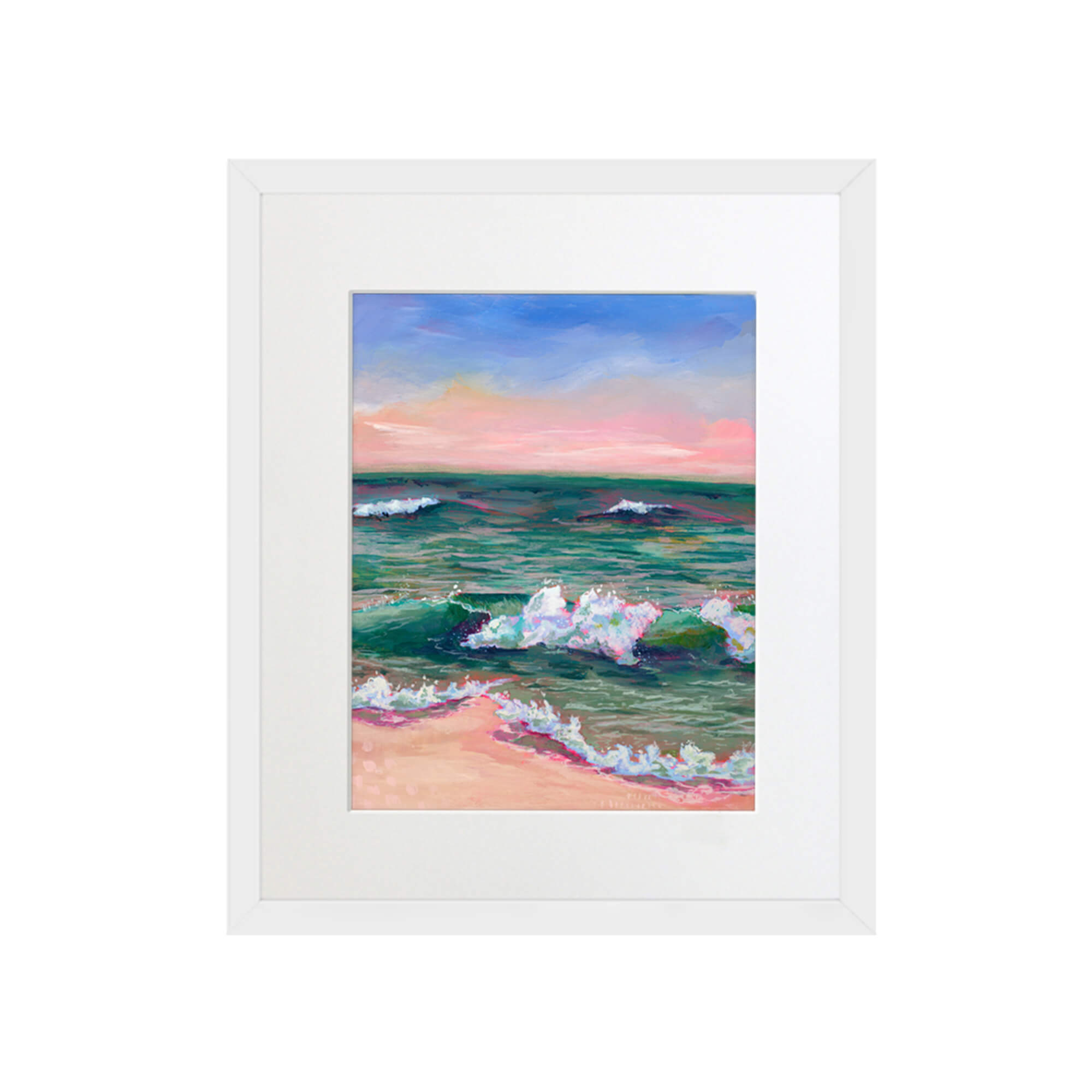 A seascape and horizon with green and pink colors by Hawaii artist Lindsay Wilkins