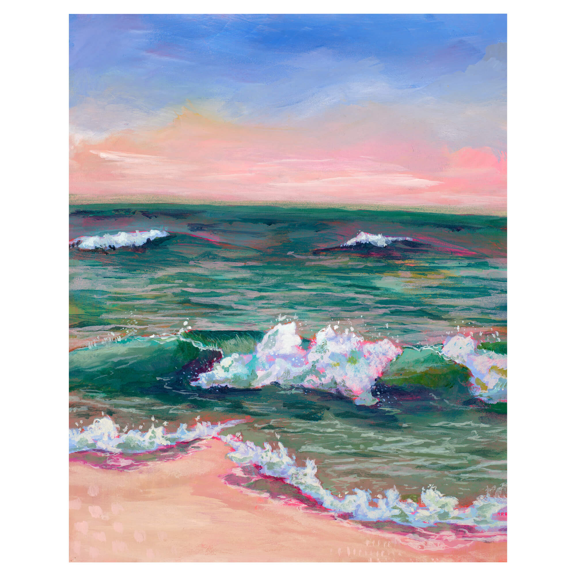 A seascape and horizon with pink, emerald green and pastel blue hues by Hawaii artist Lindsay Wilkins