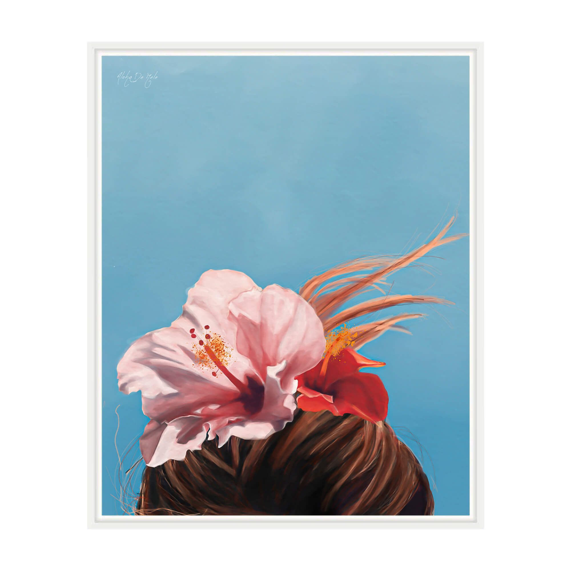 A canvas giclée art print of a woman's hair with colorful hibiscus flowers by Hawaii artist Aloha De Mele