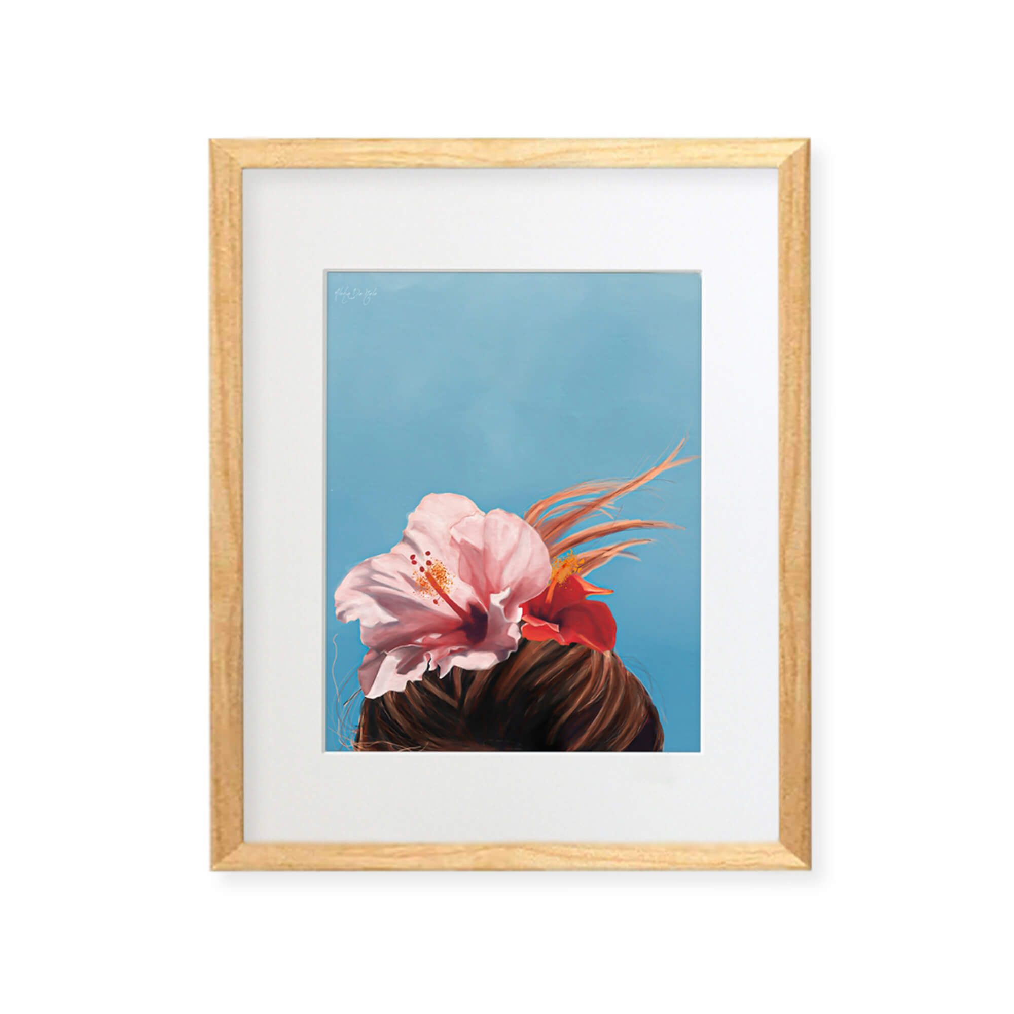 A framed matted art print of a woman's hair with colorful hibiscus flowers by Hawaii artist Aloha De Mele