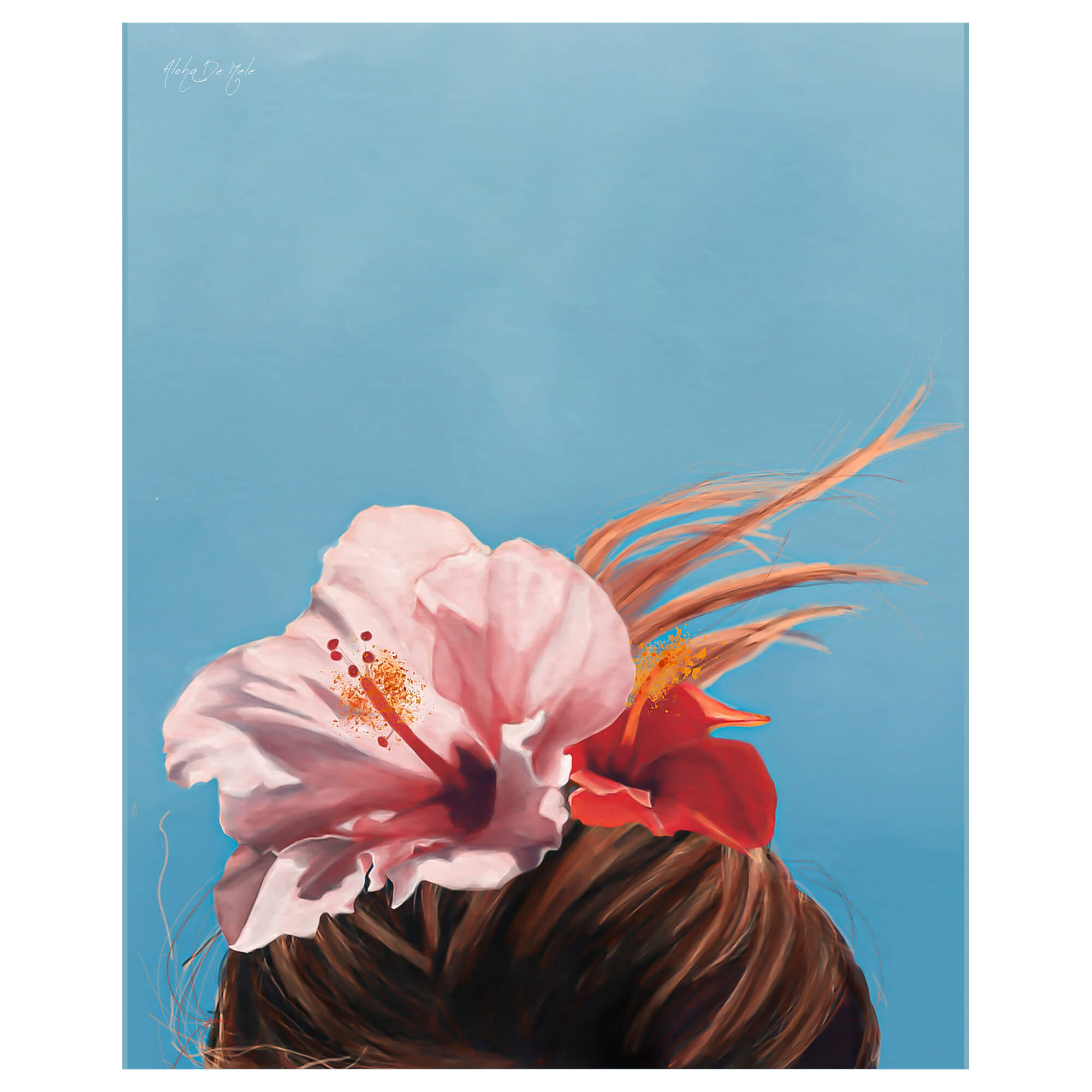 A matted art print of a woman's hair with colorful hibiscus flowers by Hawaii artist Aloha De Mele