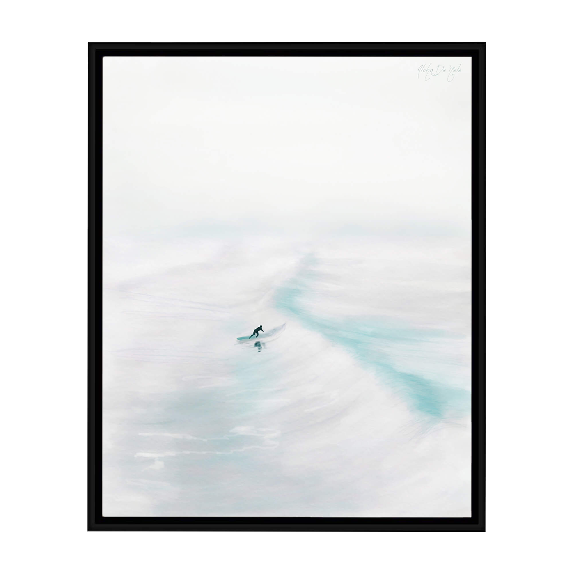 A framed canvas giclée art print of a surfer riding the epic waves of Hawaii by Hawaii artist Aloha De Mele