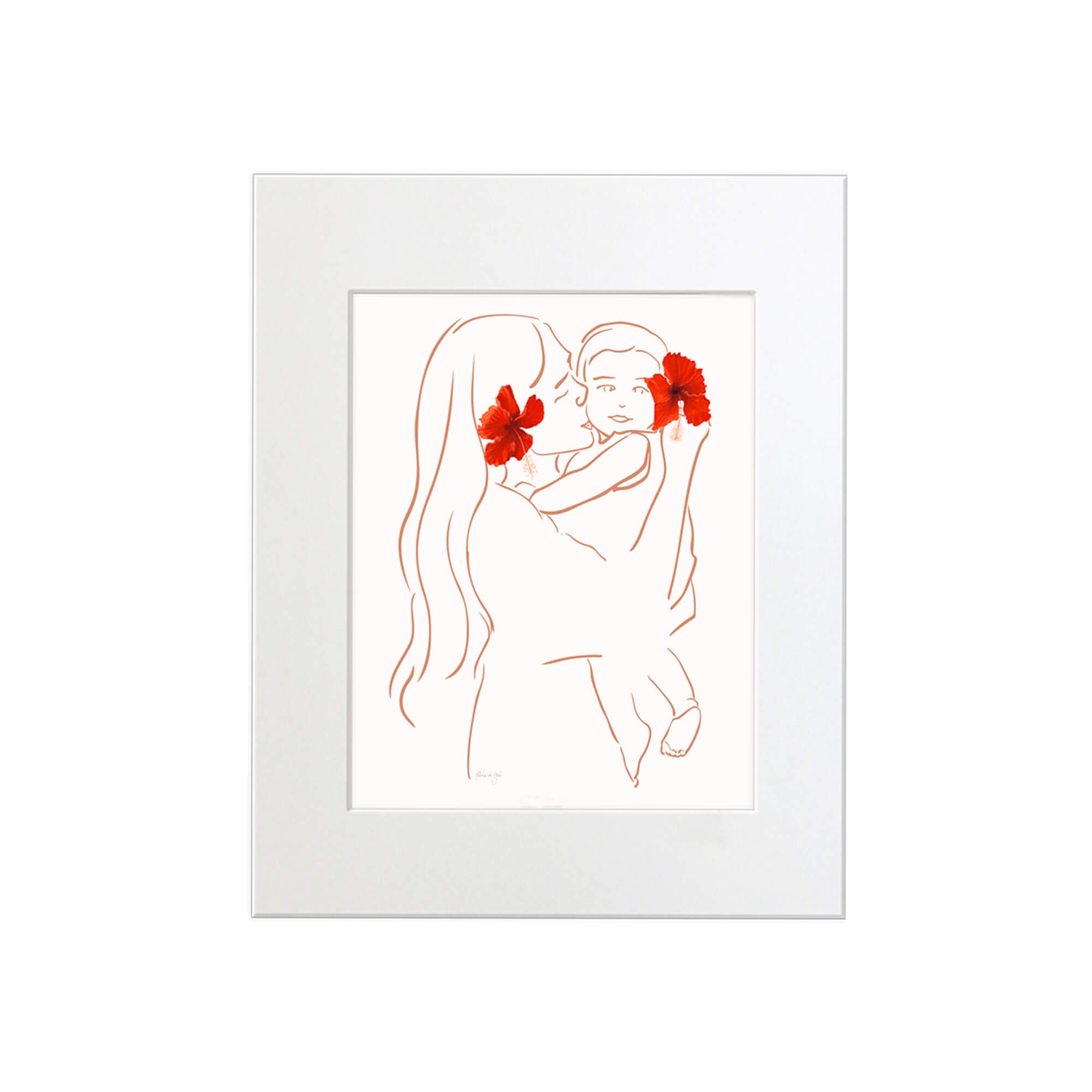 A matted art print of Matted art print featuring a mother holding her baby with vibrant red hibiscus flowers by Hawaii artist Aloha De Mele
