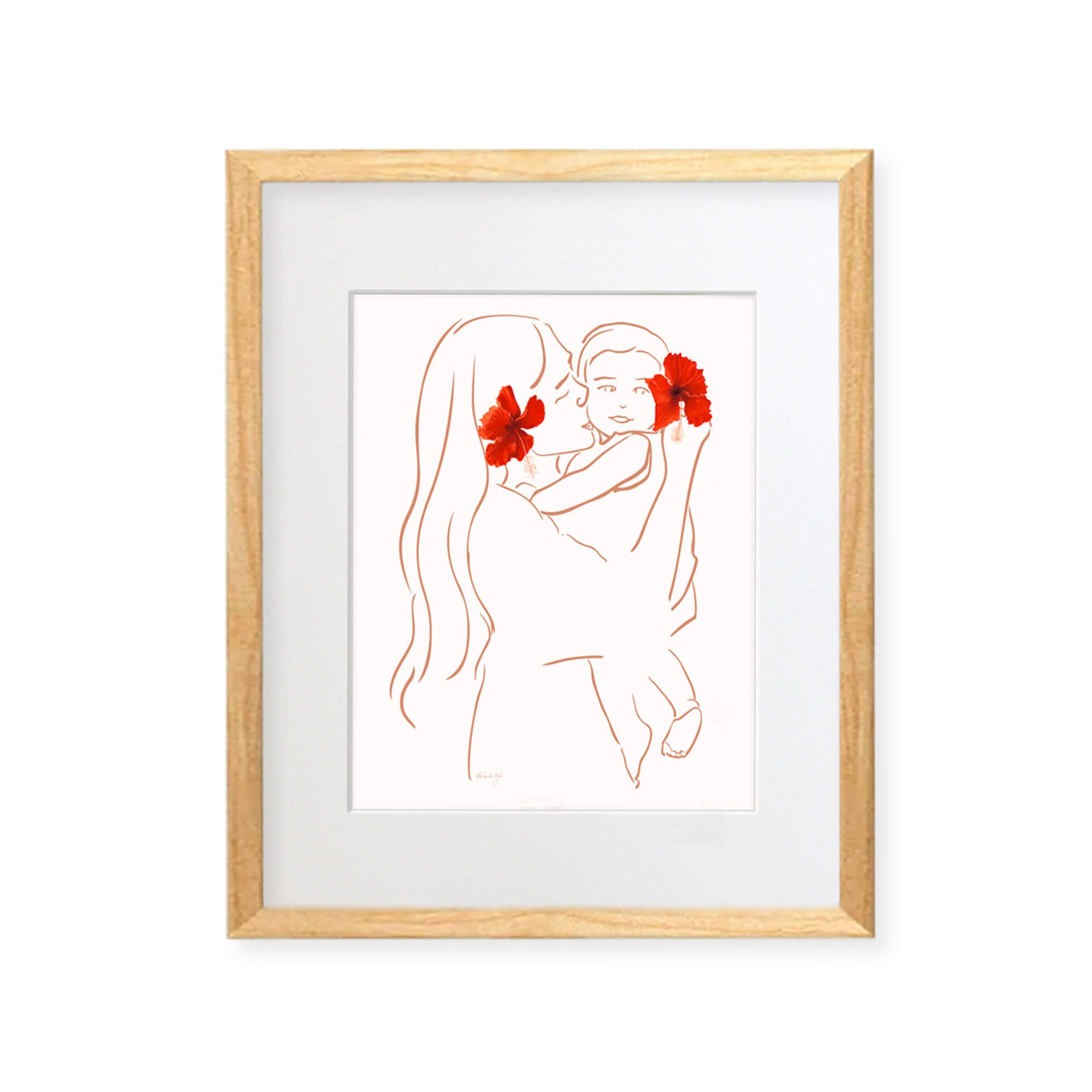 A framed matted art print of Matted art print featuring a mother holding her baby with vibrant red hibiscus flowers by Hawaii artist Aloha De Mele