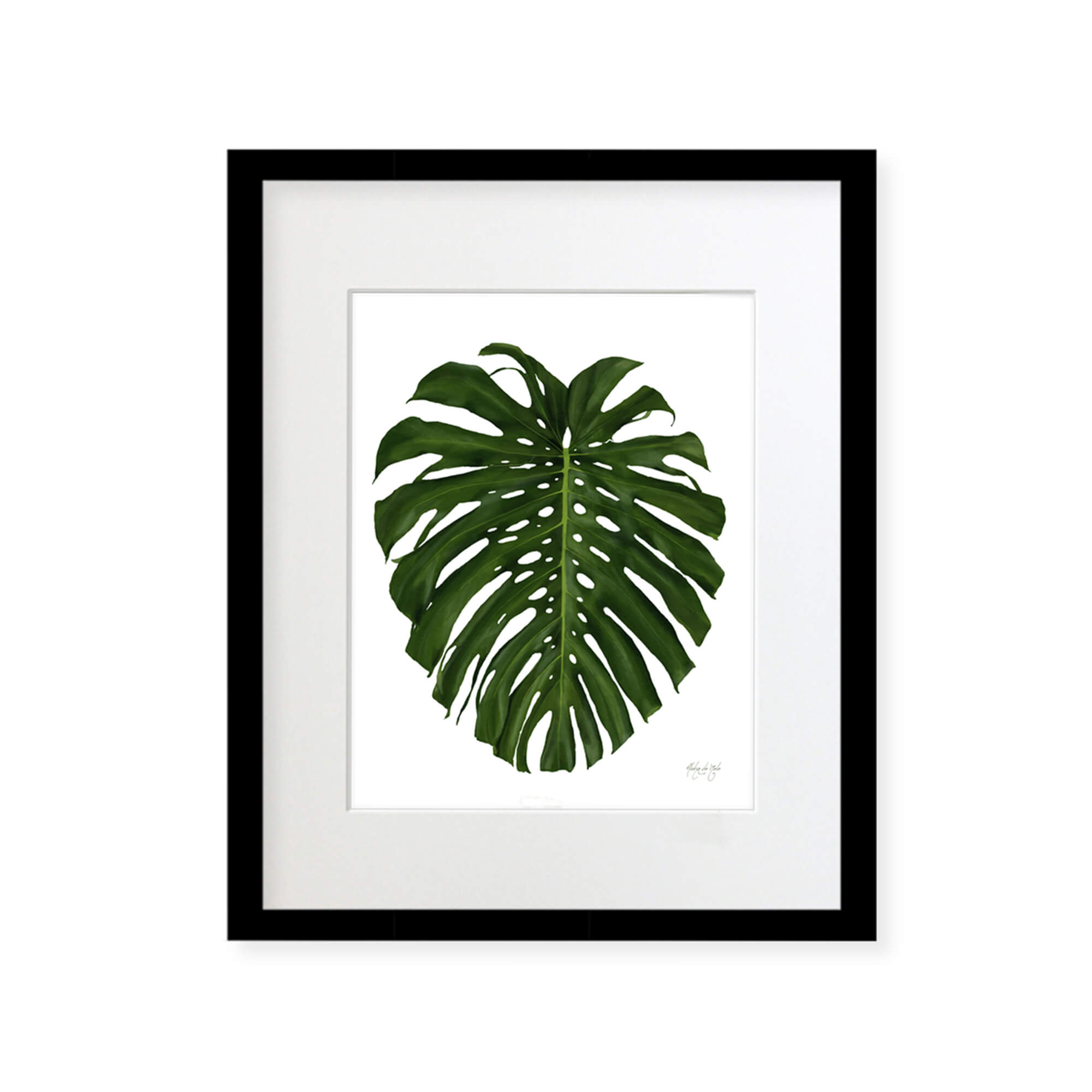 A framed matted art print of a beautifully painted monstera leaf by Hawaii artist Aloha De Mele
