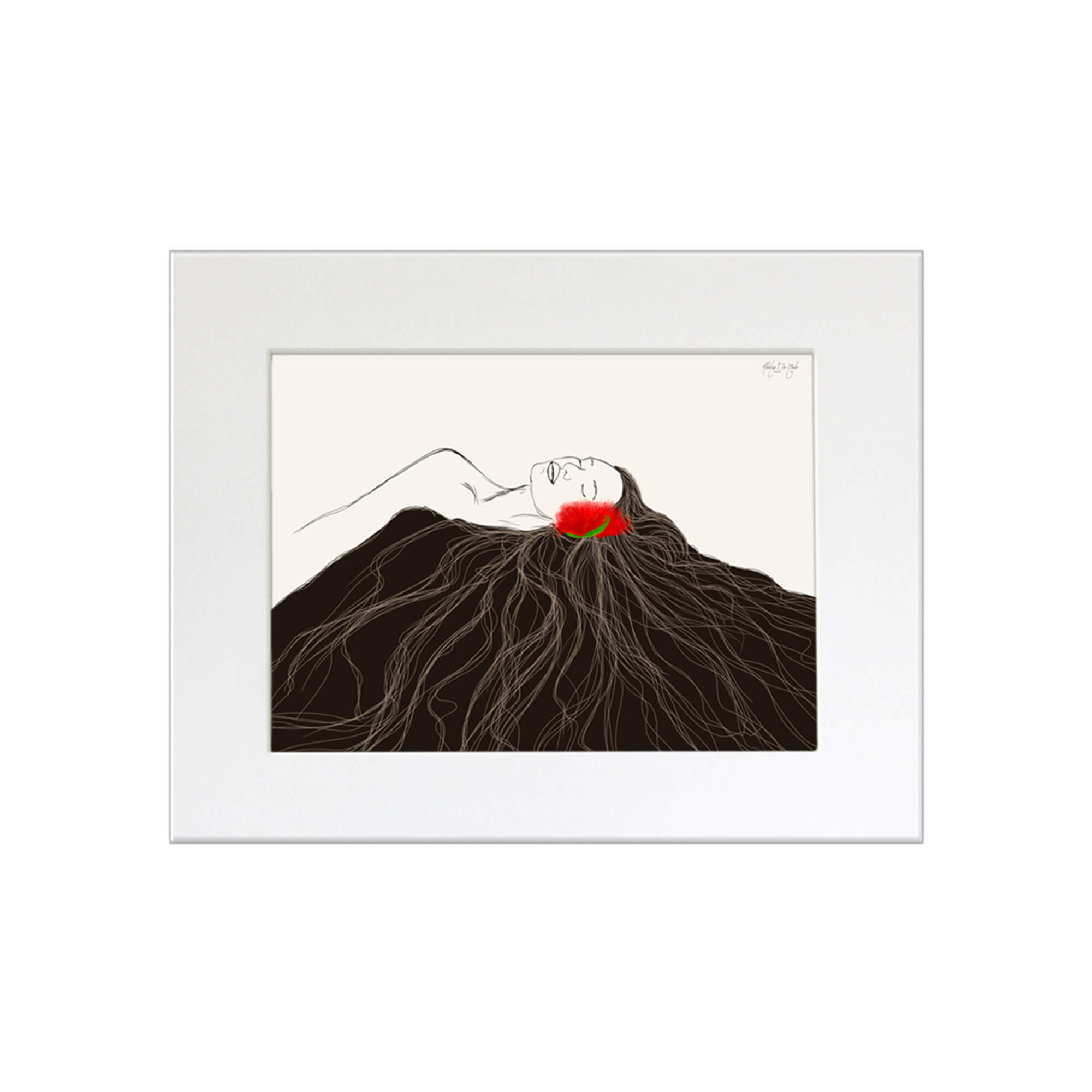 A matted art print of a woman with a vibrant red flower by Hawaii artist Aloha De Mele