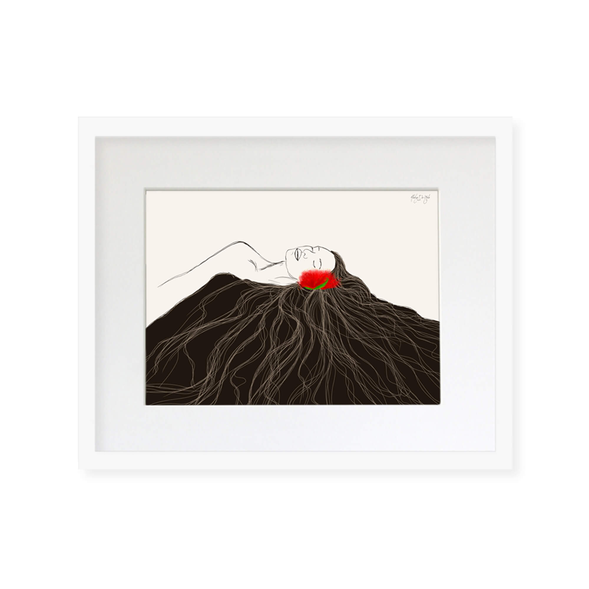 A framed matted art print of a woman with a vibrant red flower by Hawaii artist Aloha De Mele