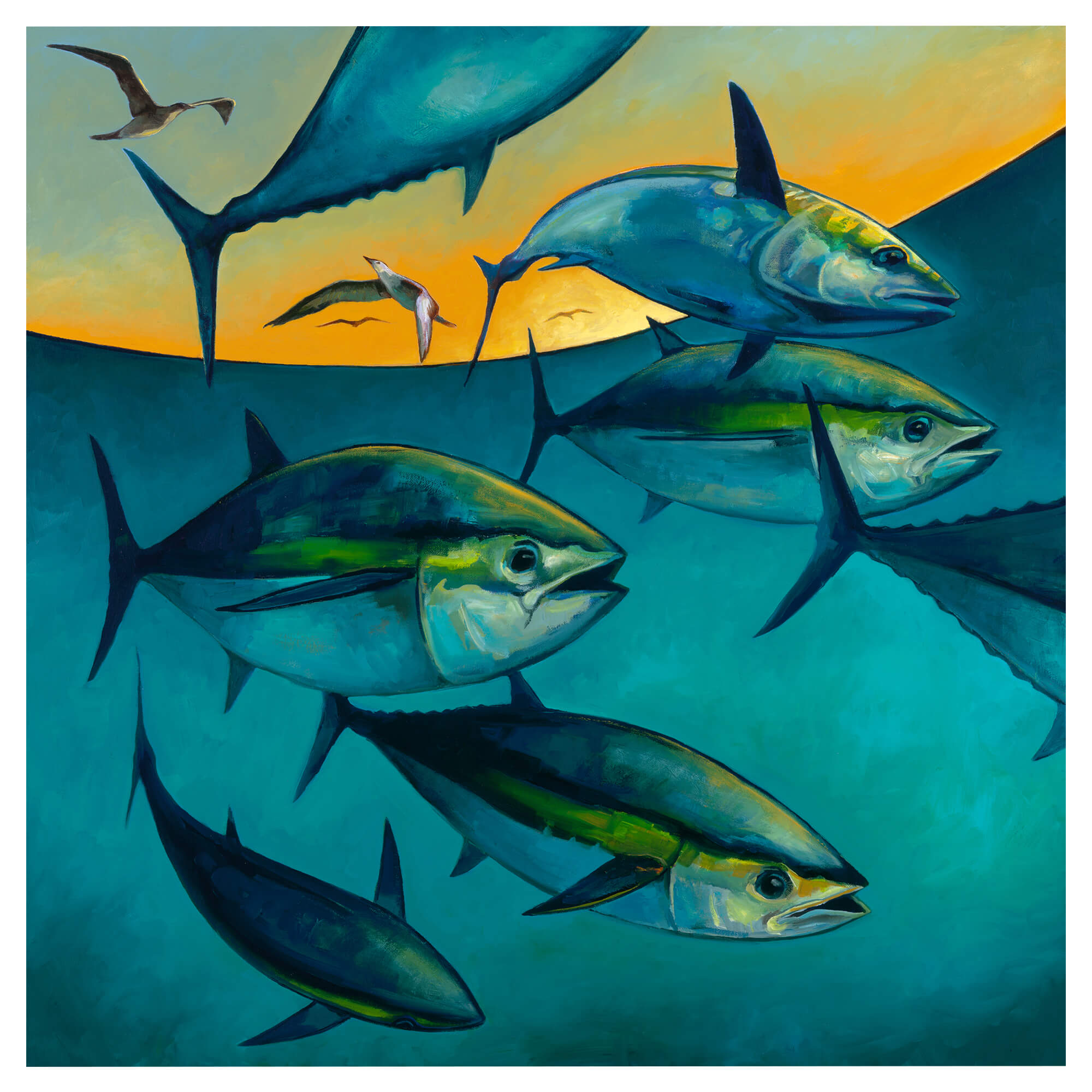 Tuna fish under water and birds flying above by Hawaii artist Colin Redican