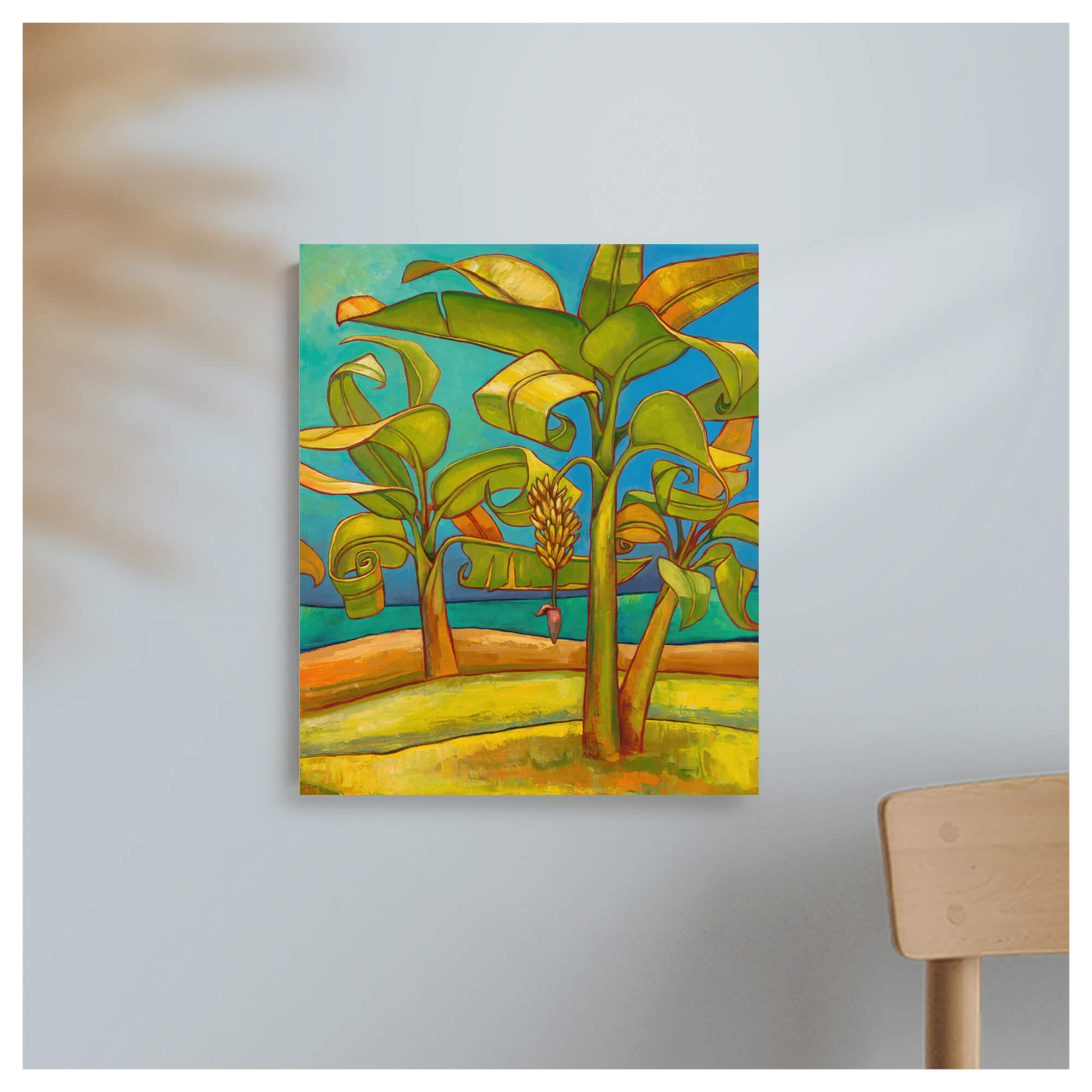 Yellow and teal hued painting with banana trees by Hawaii artist Colin Redican