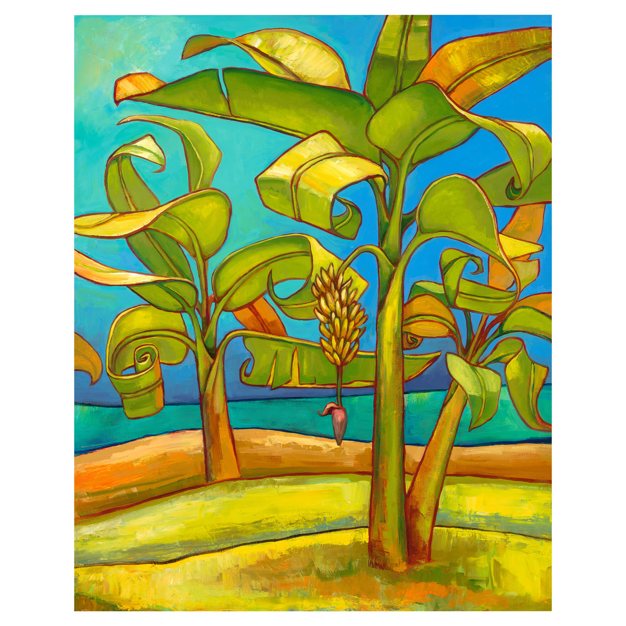 A playful depiction of banana trees with fruit by Hawaii artist Colin Redican