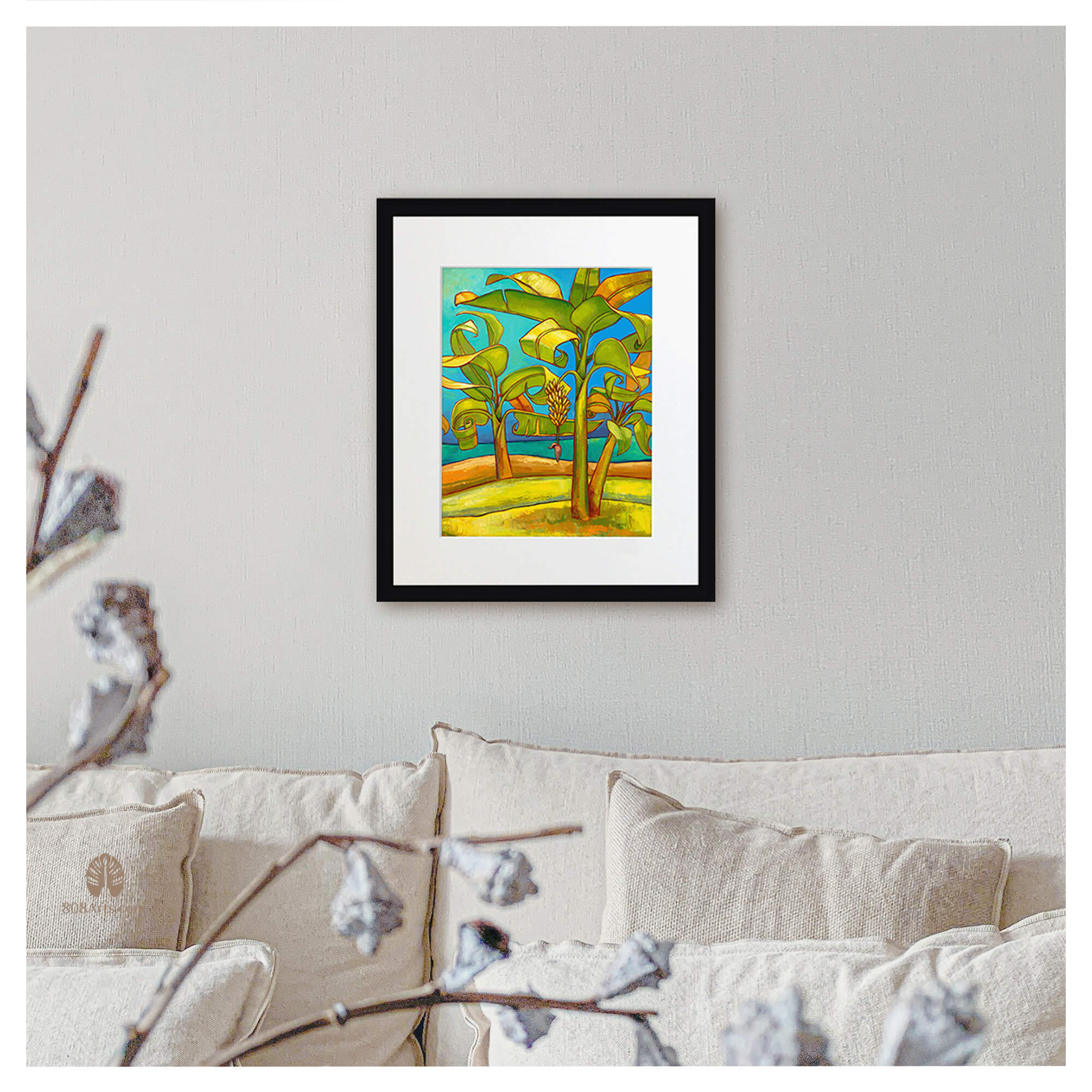 A yellow hued beach with banana trees by Hawaii artist Colin Redican